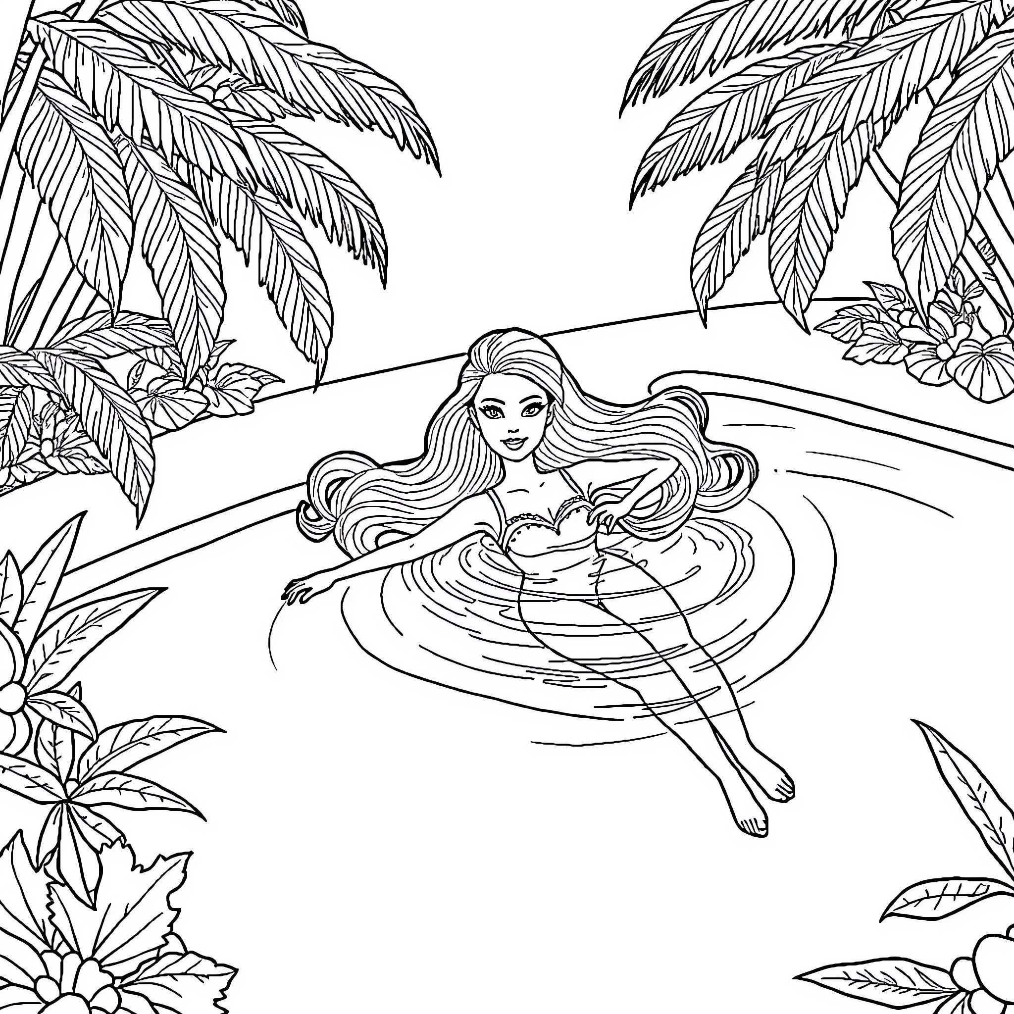 Barbie enjoying a tropical beach vacation Coloring Page (free black-and-white line drawing printable PDF for all, from beginners to advanced learners, including children, teens, adults, and seniors)