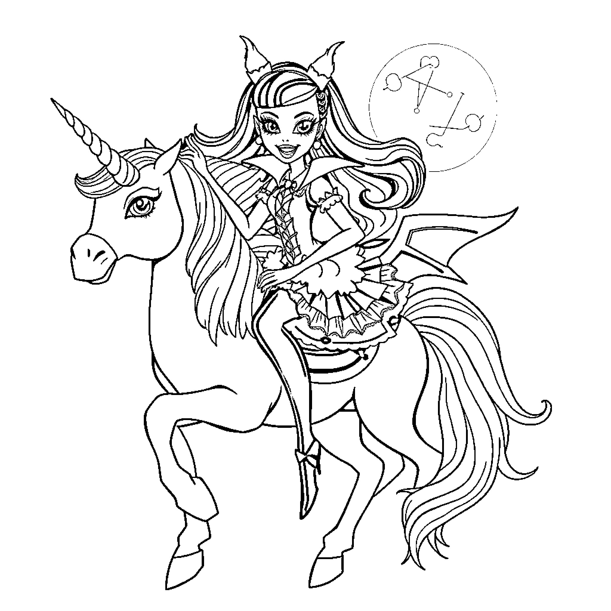 Draculaura riding a unicorn with magical accessories Coloring Page (free black-and-white line drawing printable PDF for all, from beginners to advanced learners, including children, teens, adults, and seniors)