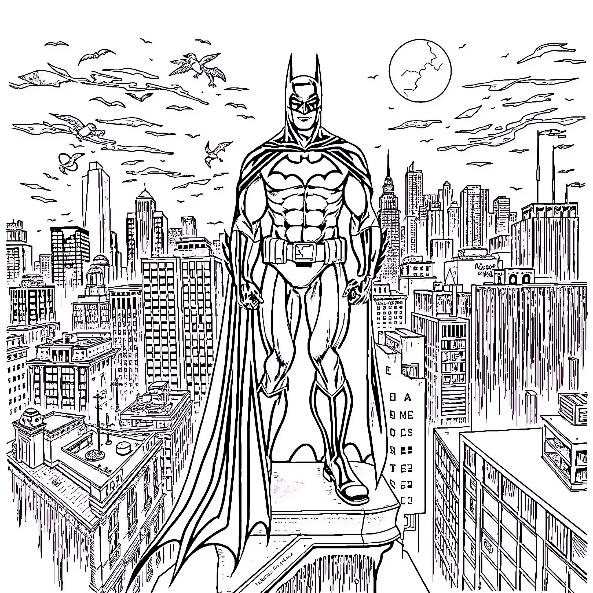 Batman surveying the city from a high vantage point Coloring Page (free black-and-white line drawing printable PDF for all, from beginners to advanced learners, including children, teens, adults, and seniors)