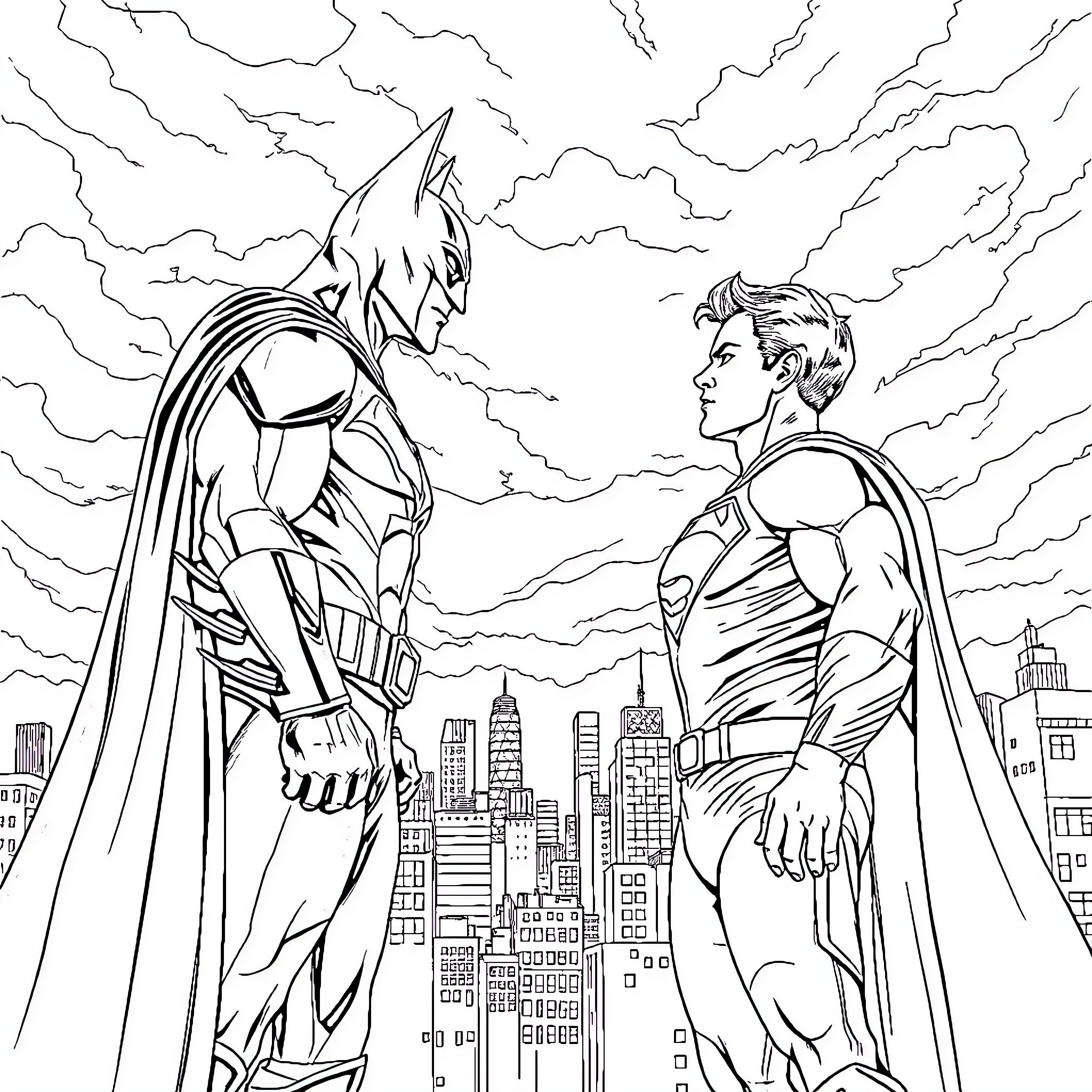 Batman and Superhero Confrontation Over City Coloring Page (free black-and-white line drawing printable PDF for all, from beginners to advanced learners, including children, teens, adults, and seniors)