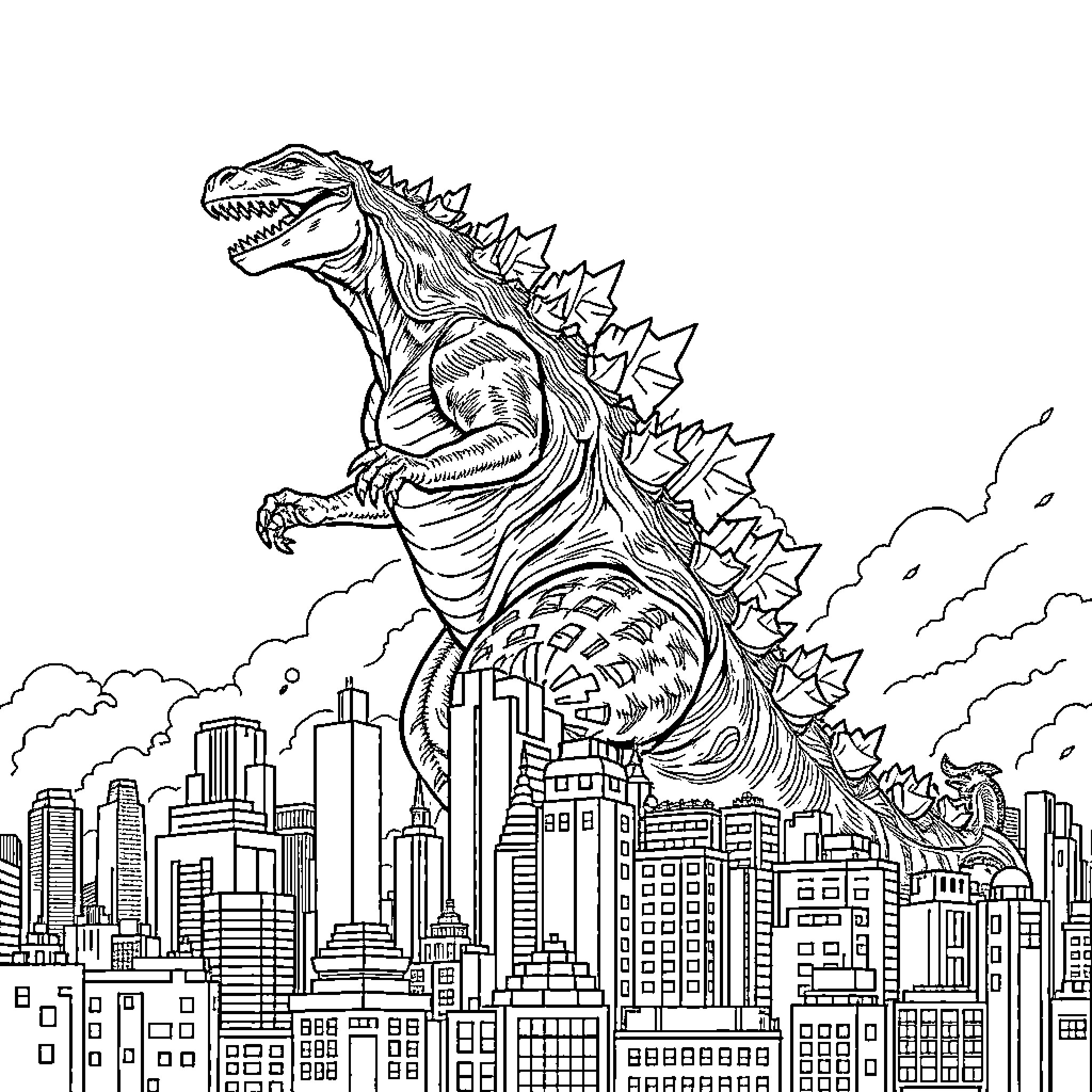 Godzilla rampaging through the city Coloring Page (free black-and-white line drawing printable PDF for all, from beginners to advanced learners, including children, teens, adults, and seniors)