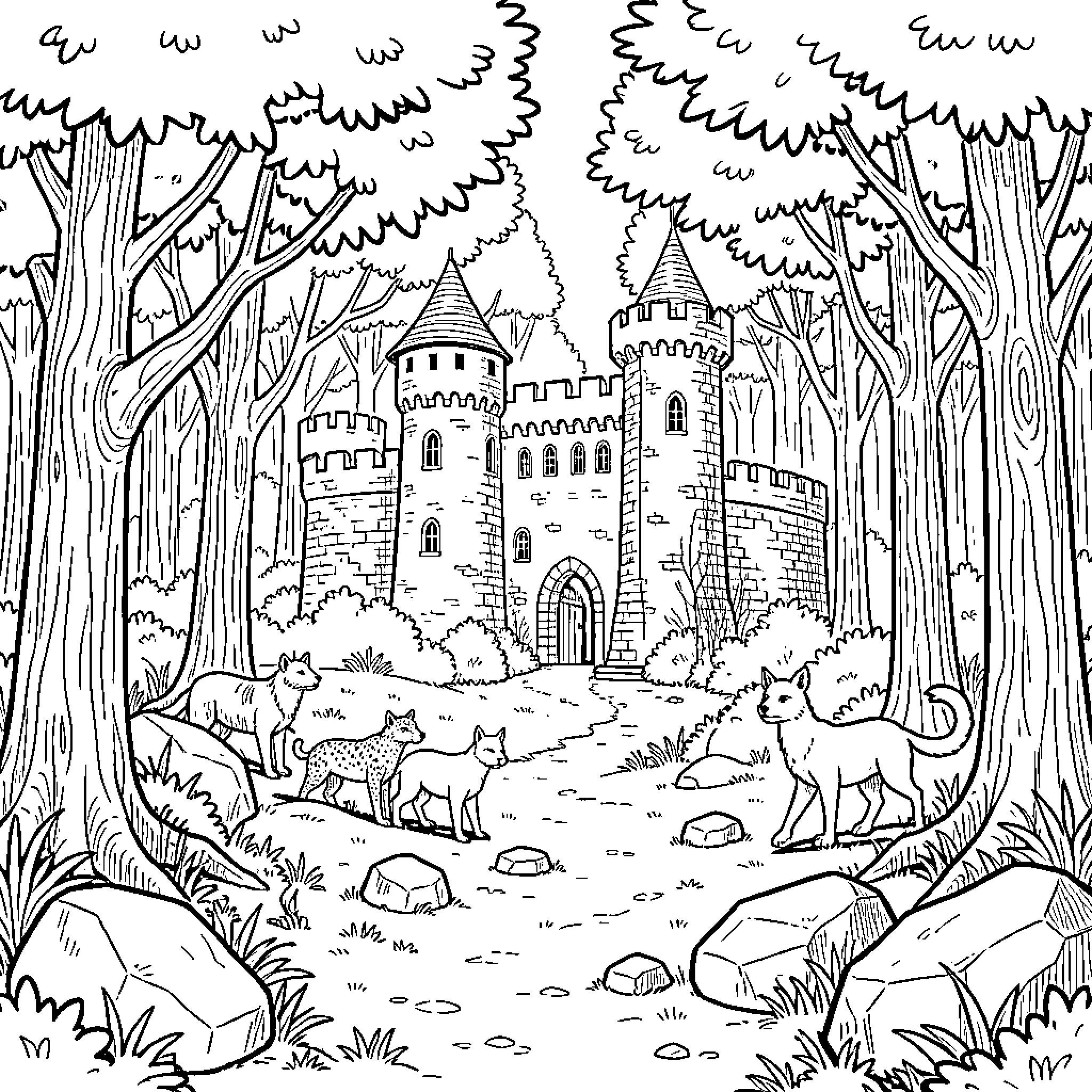 Castillo with wild cats roaming through a forest Coloring Page (free black-and-white line drawing printable PDF for all, from beginners to advanced learners, including children, teens, adults, and seniors)