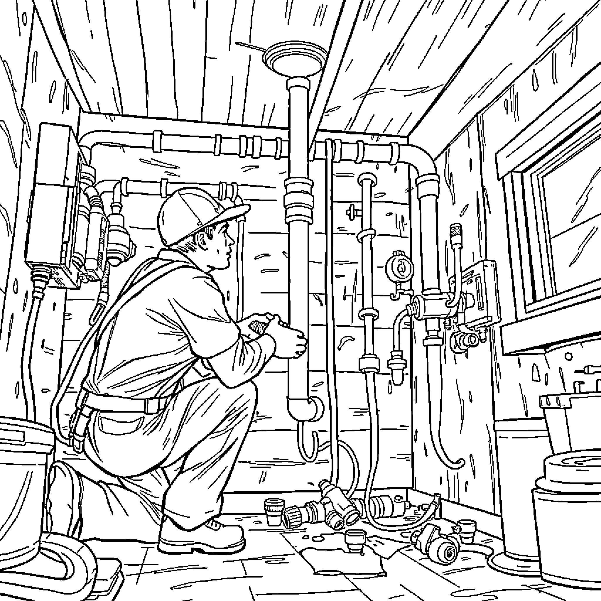 Plumber Repairing Pipes and Equipment in Basement Coloring Page (free black-and-white line drawing printable PDF for all, from beginners to advanced learners, including children, teens, adults, and seniors)