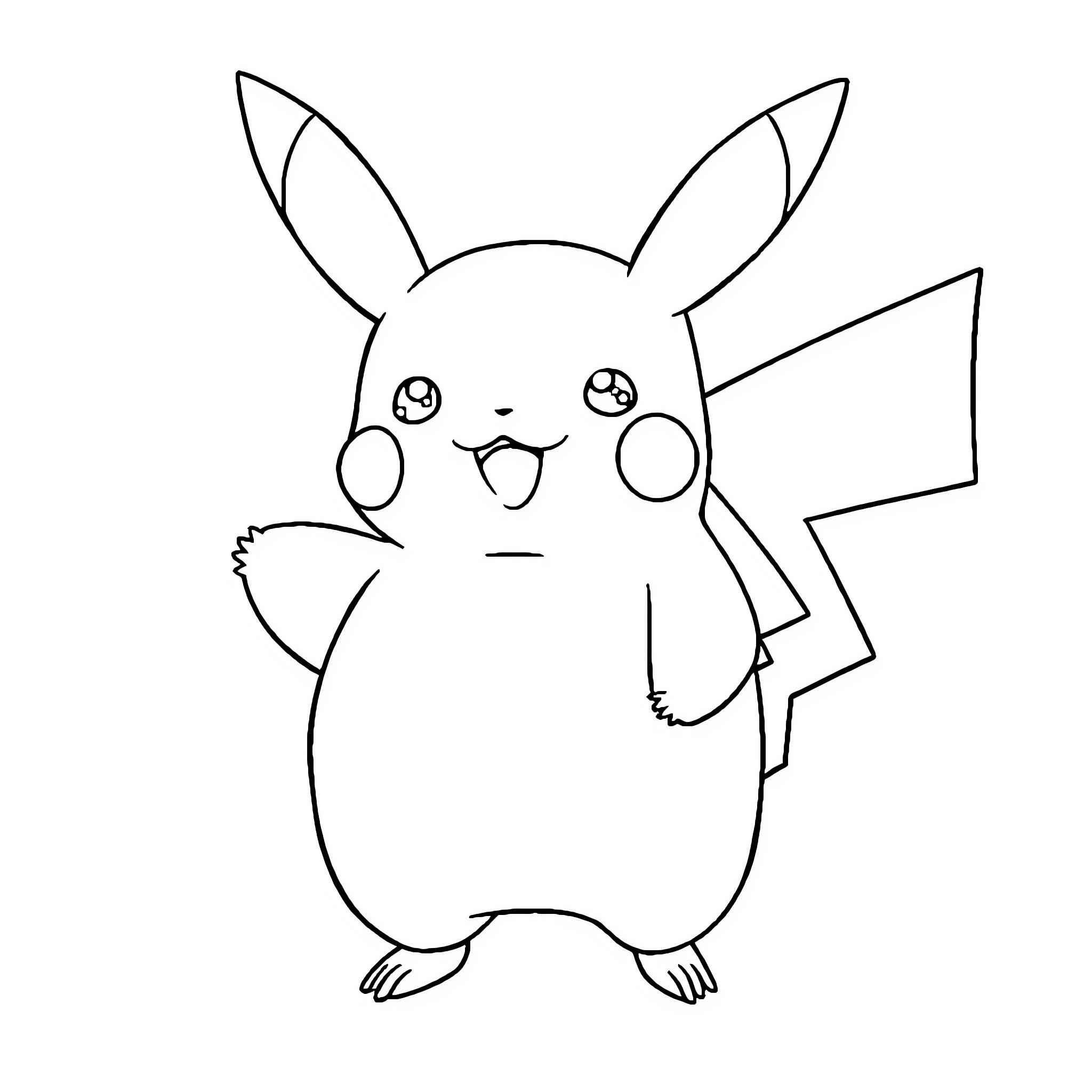 Pikachu cheerfully posing in a simple outline Coloring Page (free black-and-white line drawing printable PDF for all, from beginners to advanced learners, including children, teens, adults, and seniors)