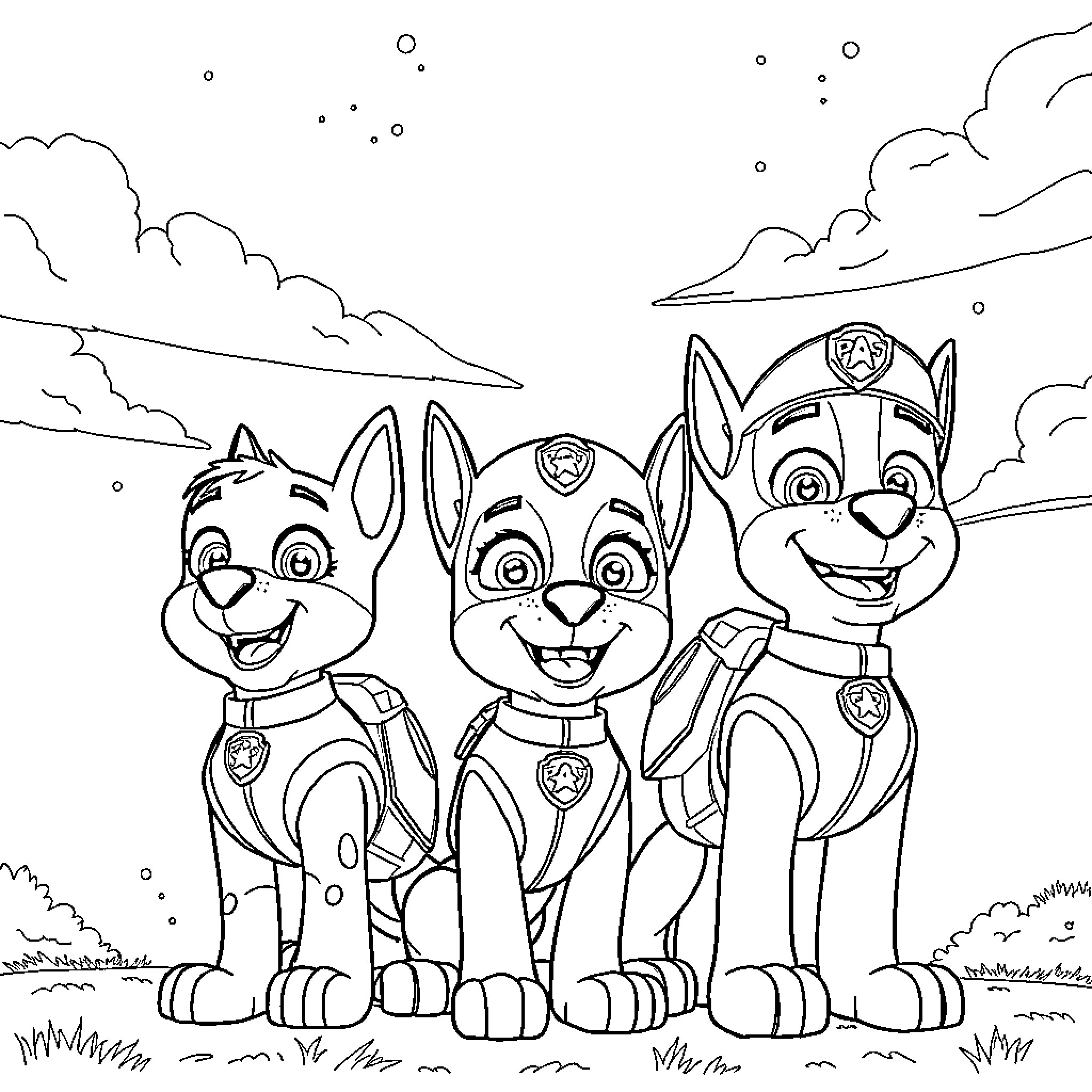 Paw Patrol team in adventurous outdoor scene Coloring Page (free black-and-white line drawing printable PDF for all, from beginners to advanced learners, including children, teens, adults, and seniors)