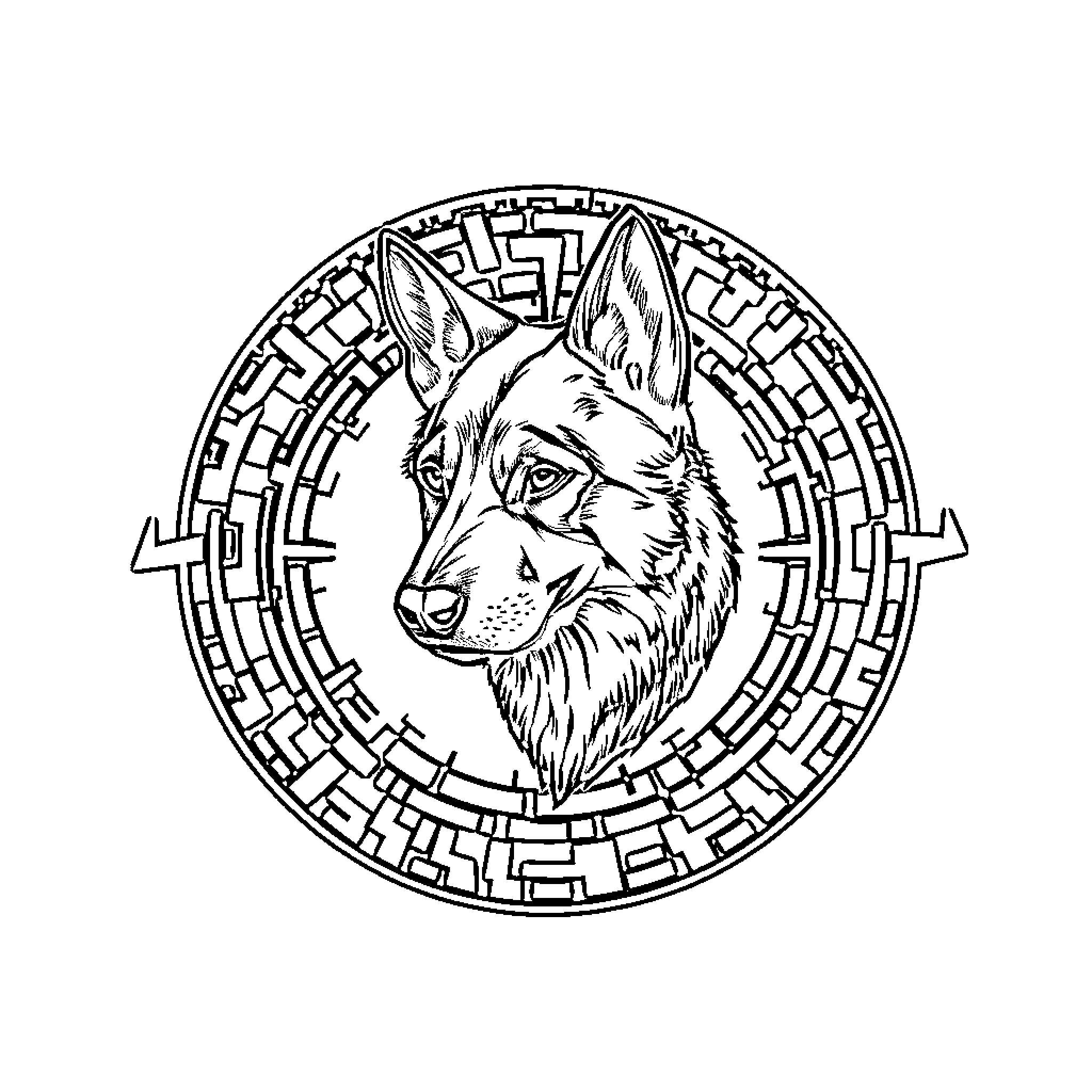 Wolf howling in intricate geometric circle Coloring Page (free black-and-white line drawing printable PDF for all, from beginners to advanced learners, including children, teens, adults, and seniors)