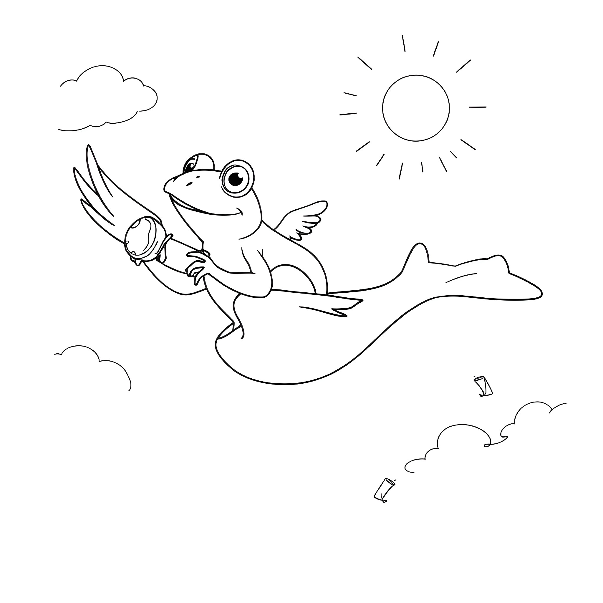 Frog riding a dolphin in the sun Coloring Page (free black-and-white line drawing printable PDF for all, from beginners to advanced learners, including children, teens, adults, and seniors)