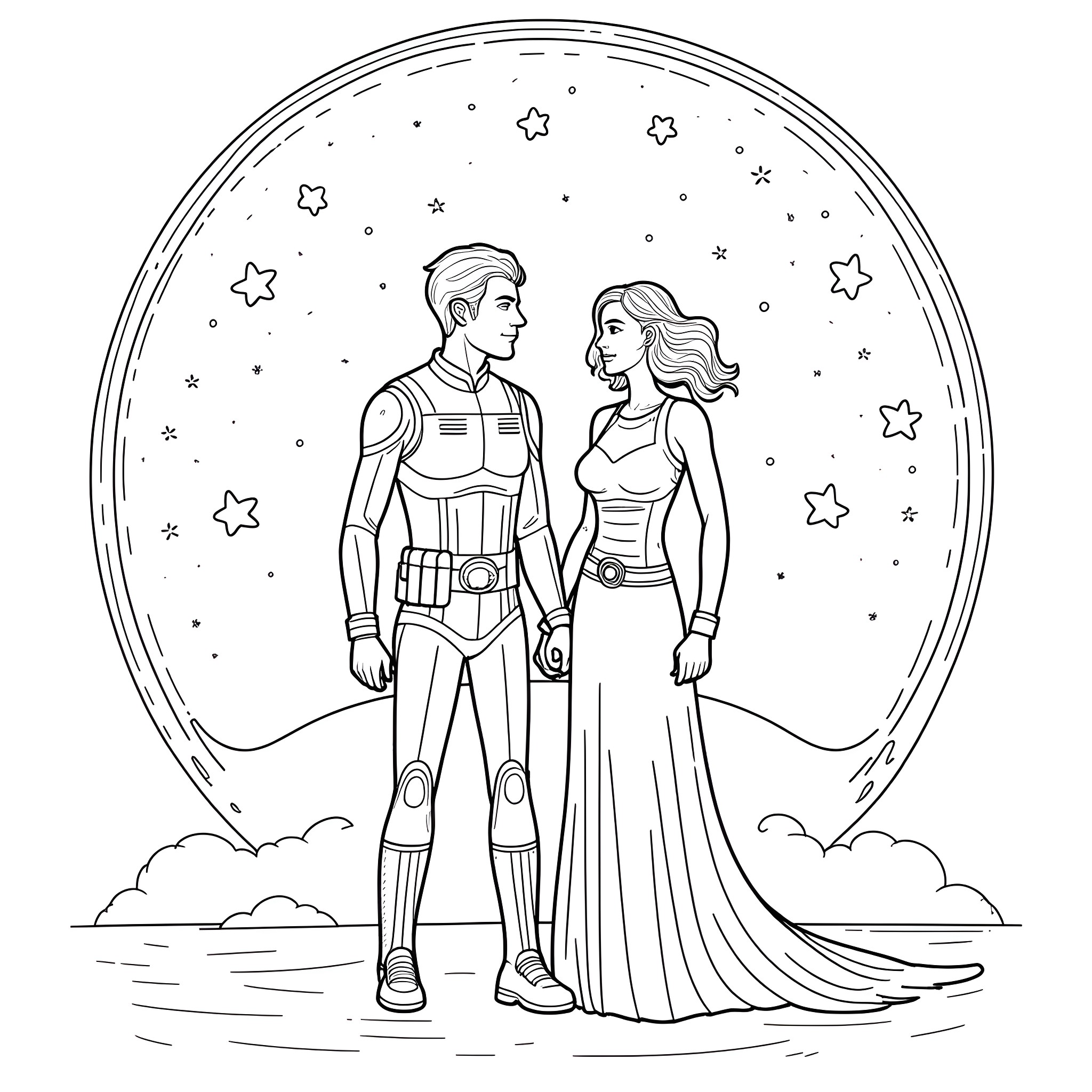 Star Wars couple in space under the stars Coloring Page (free black-and-white line drawing printable PDF for all, from beginners to advanced learners, including children, teens, adults, and seniors)