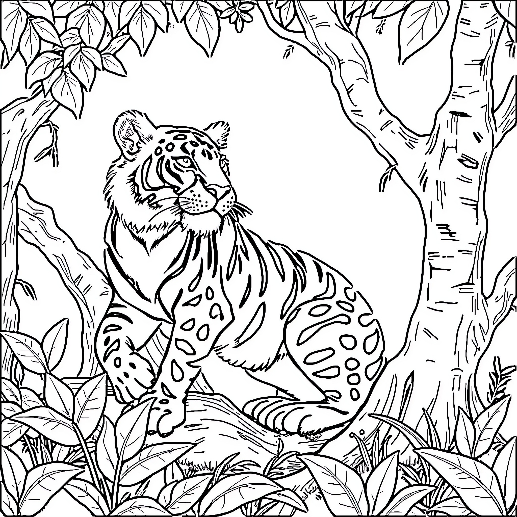 Otorongo resting in the lush jungle foliage Coloring Page (free black-and-white line drawing printable PDF for all, from beginners to advanced learners, including children, teens, adults, and seniors)