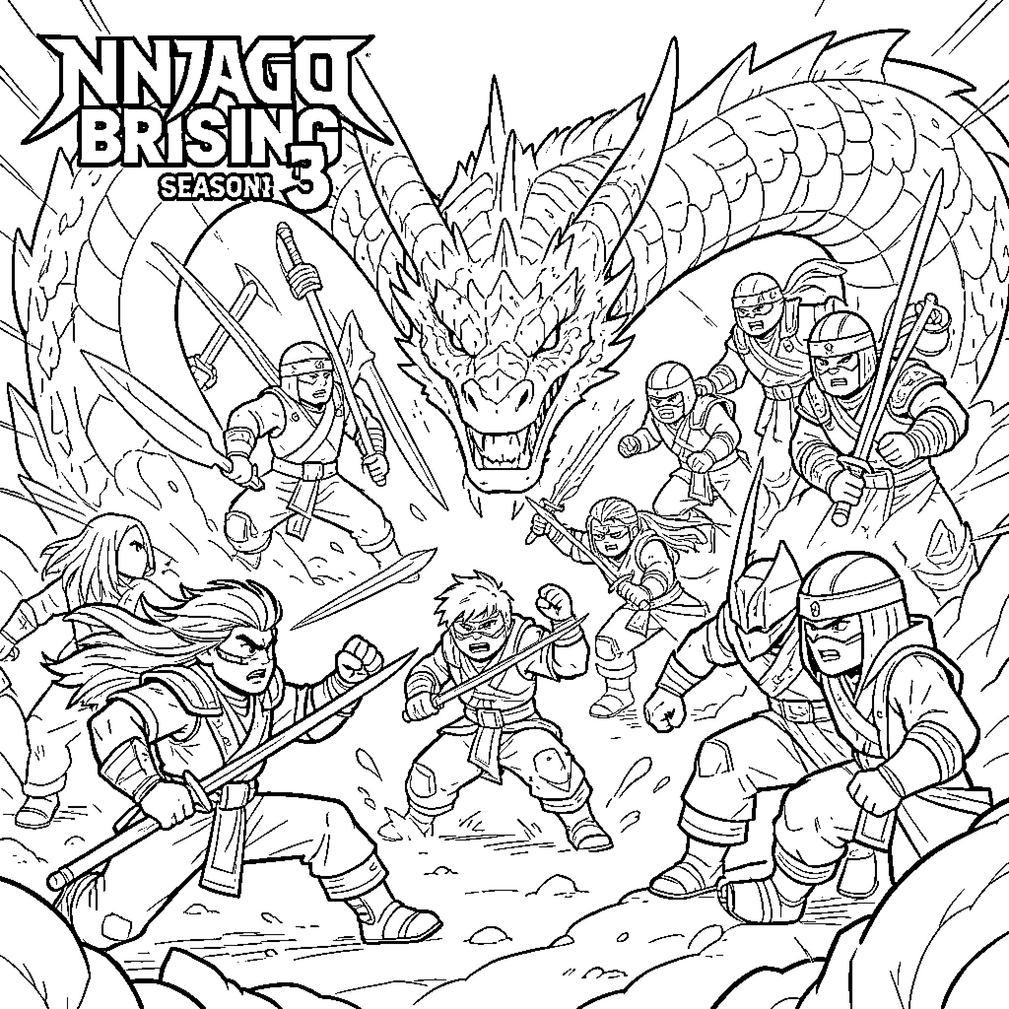 Ninjago Characters in Action-Packed Scene Coloring Page (free black-and-white line drawing printable PDF for all, from beginners to advanced learners, including children, teens, adults, and seniors)