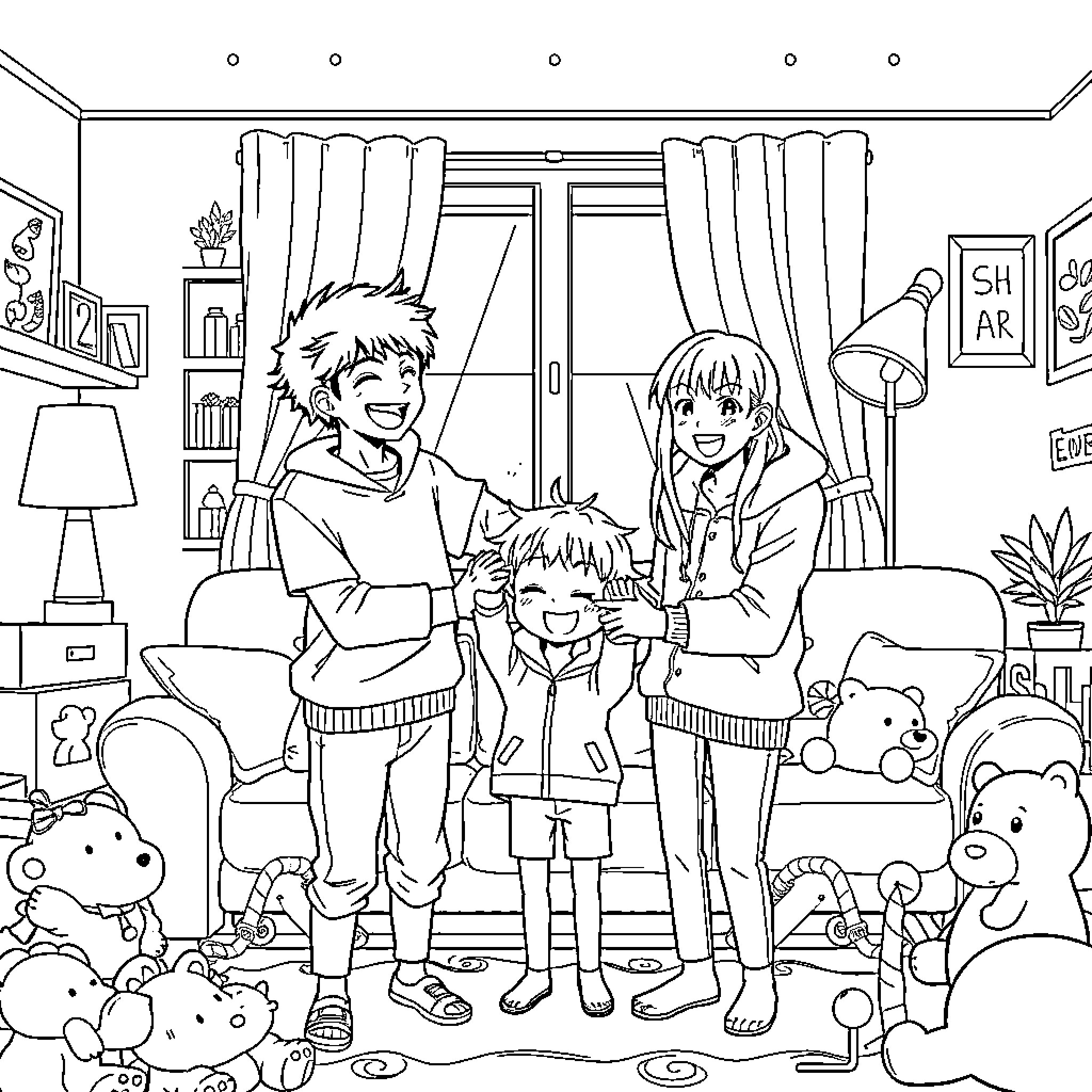 Shouta Aizawa with students in a cozy home setting Coloring Page (free black-and-white line drawing printable PDF for all, from beginners to advanced learners, including children, teens, adults, and seniors)