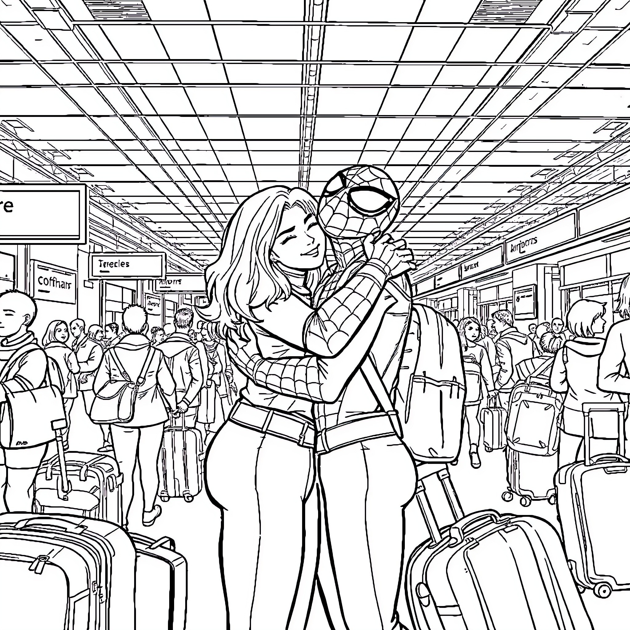 Spiderman reuniting with loved one at busy airport Coloring Page (free black-and-white line drawing printable PDF for all, from beginners to advanced learners, including children, teens, adults, and seniors)