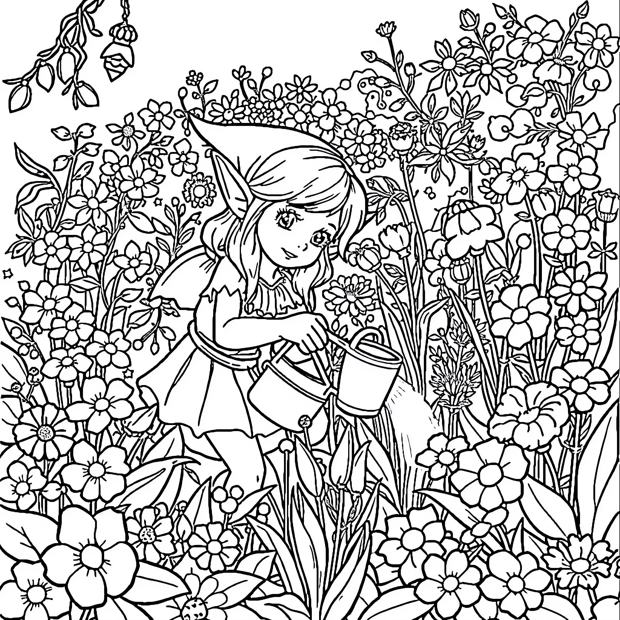 Girl exploring a magical flower garden Coloring Page (free black-and-white line drawing printable PDF for all, from beginners to advanced learners, including children, teens, adults, and seniors)