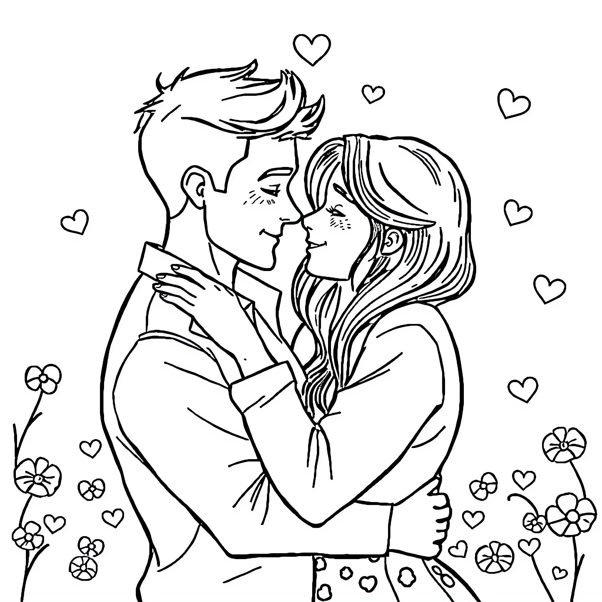 Love in Embrace: Couple Sharing Affectionate Moment Coloring Page (free black-and-white line drawing printable PDF for all, from beginners to advanced learners, including children, teens, adults, and seniors)