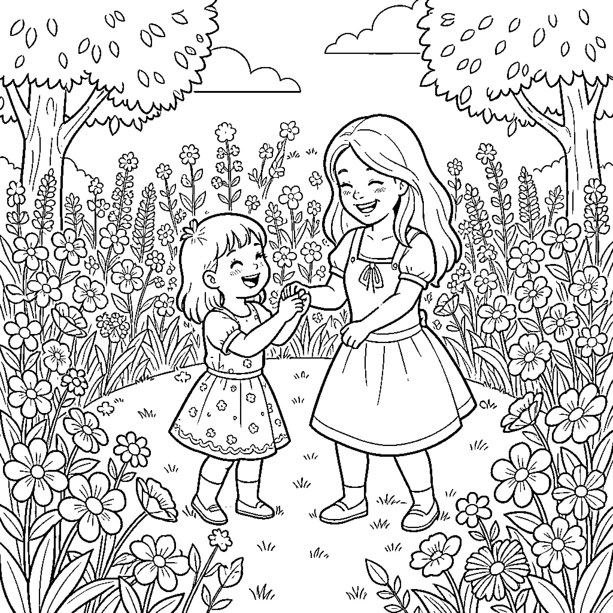 Mother and Daughter Enjoying Nature Together Coloring Page (free black-and-white line drawing printable PDF for all, from beginners to advanced learners, including children, teens, adults, and seniors)