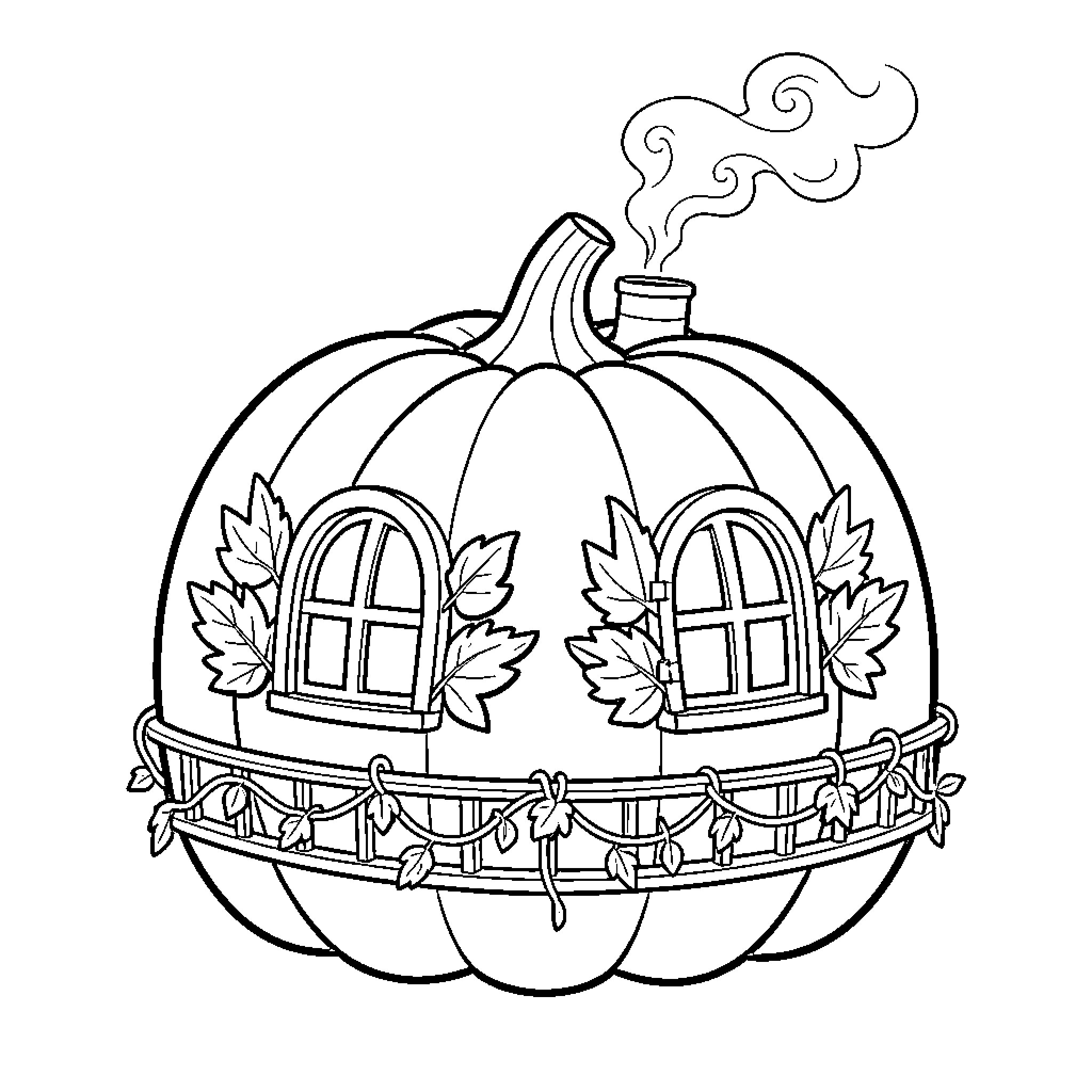 Pumpkin house with windows and smoke Coloring Page (free black-and-white line drawing printable PDF for all, from beginners to advanced learners, including children, teens, adults, and seniors)