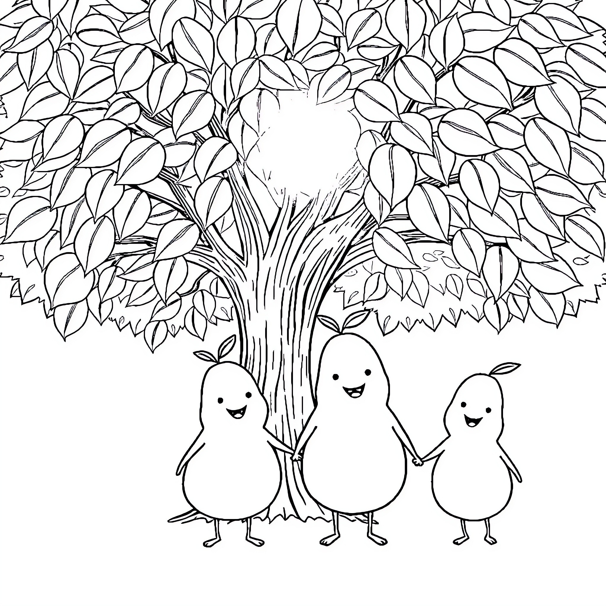 Pear-shaped characters under a leafy tree Coloring Page (free black-and-white line drawing printable PDF for all, from beginners to advanced learners, including children, teens, adults, and seniors)
