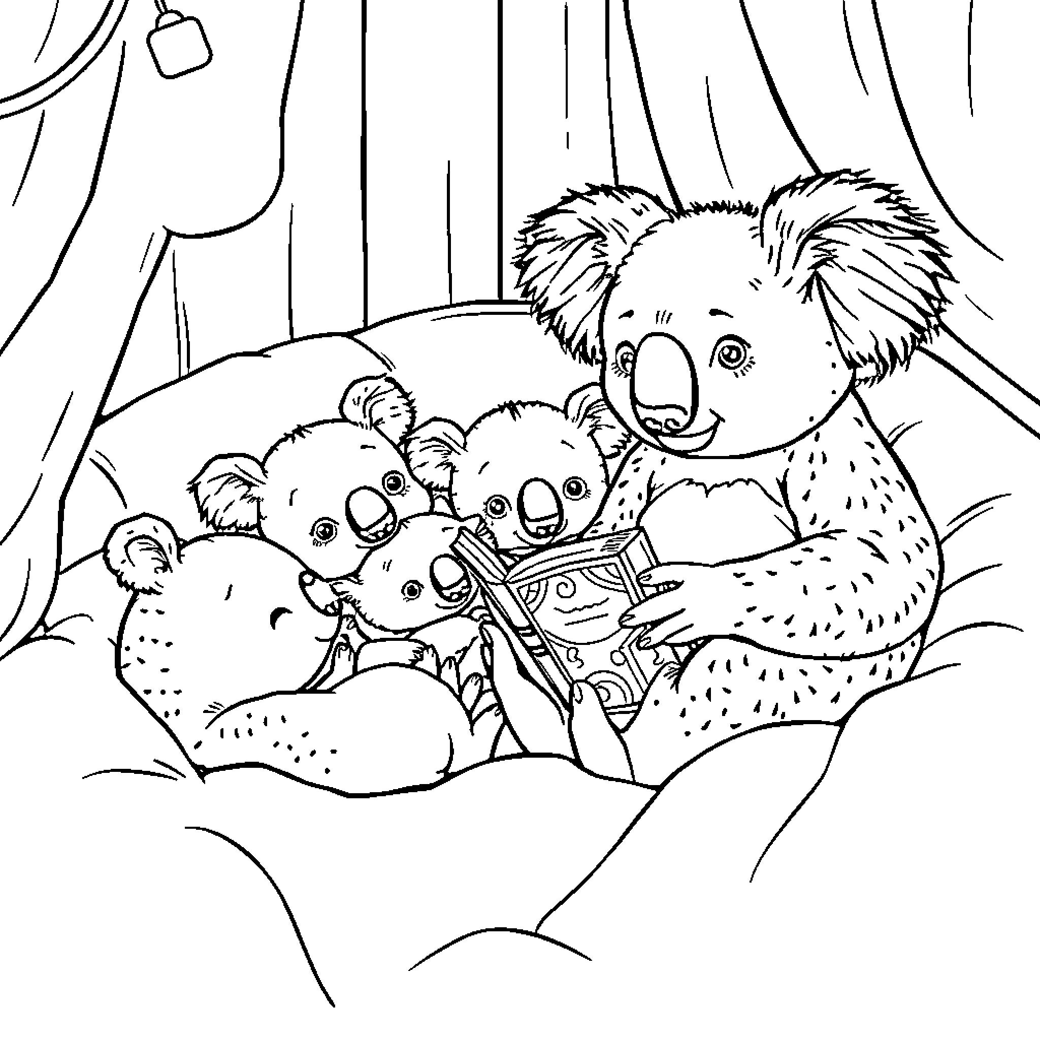 Koalas snuggling and reading together in cozy den Coloring Page (free black-and-white line drawing printable PDF for all, from beginners to advanced learners, including children, teens, adults, and seniors)