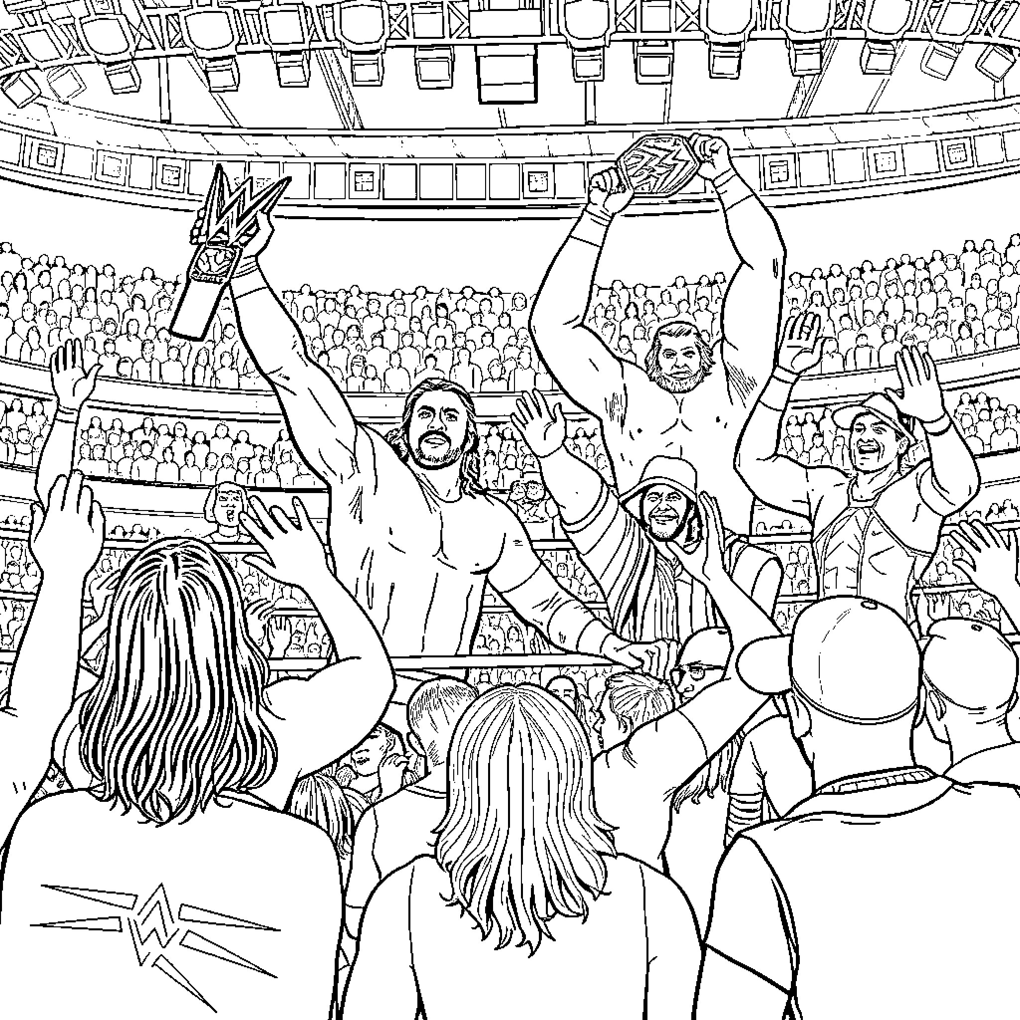 Wrestlers performing in a crowded arena Coloring Page (free black-and-white line drawing printable PDF for all, from beginners to advanced learners, including children, teens, adults, and seniors)
