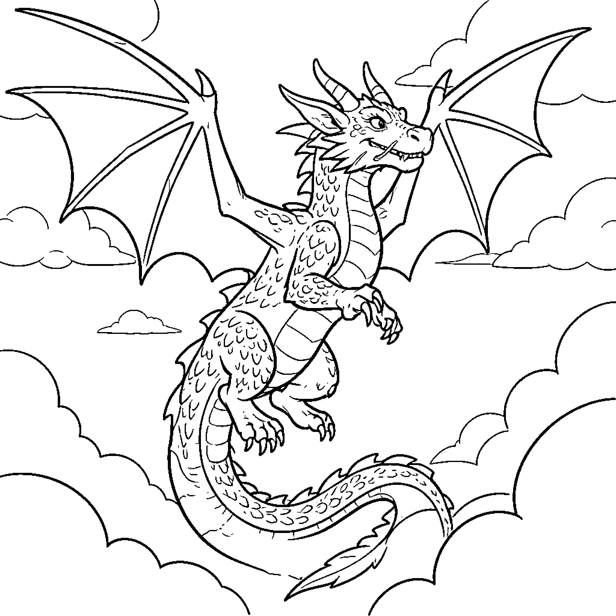 Crocmou flying through a sky filled with clouds Coloring Page (free black-and-white line drawing printable PDF for all, from beginners to advanced learners, including children, teens, adults, and seniors)