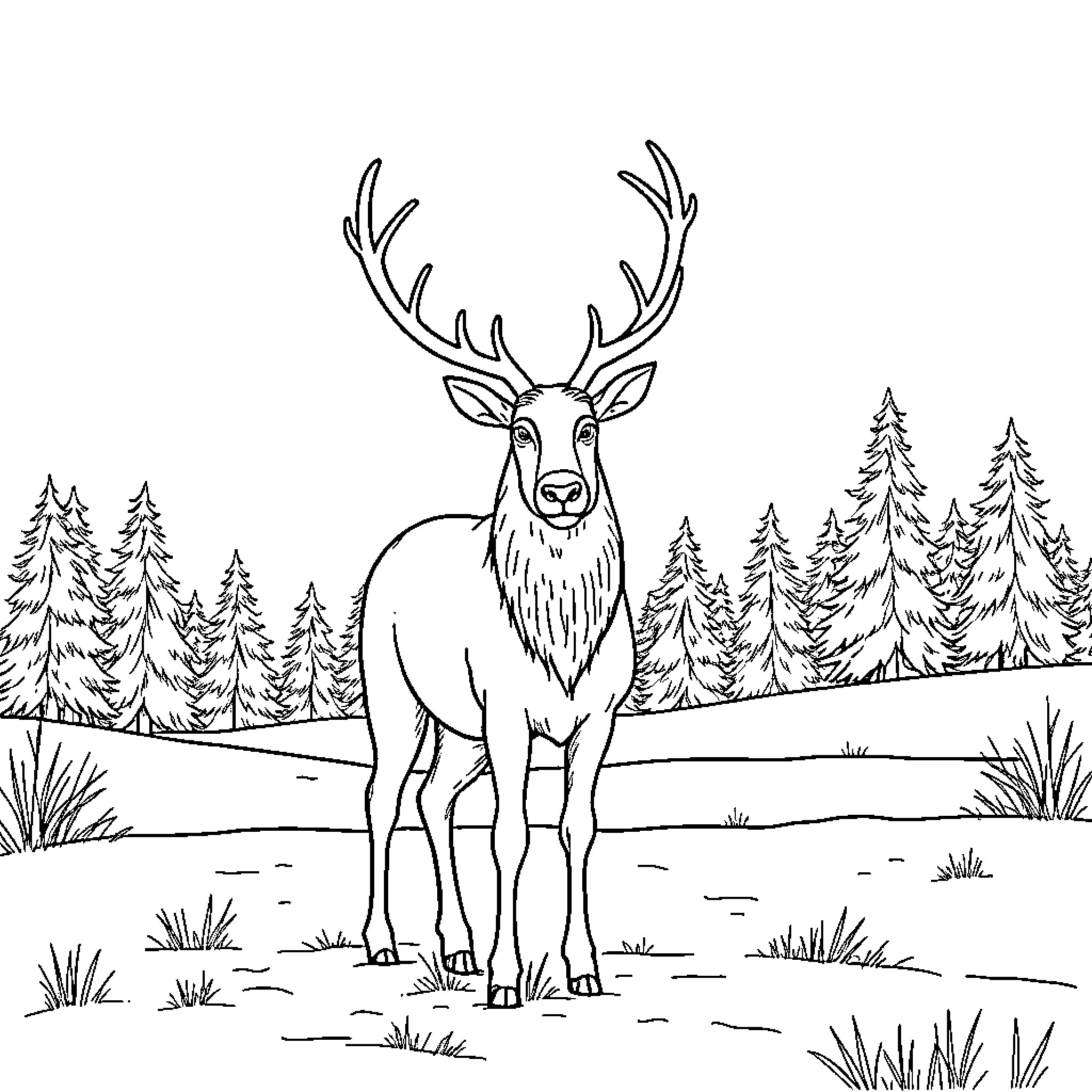 Reindeer standing proudly in the winter forest Coloring Page (free black-and-white line drawing printable PDF for all, from beginners to advanced learners, including children, teens, adults, and seniors)