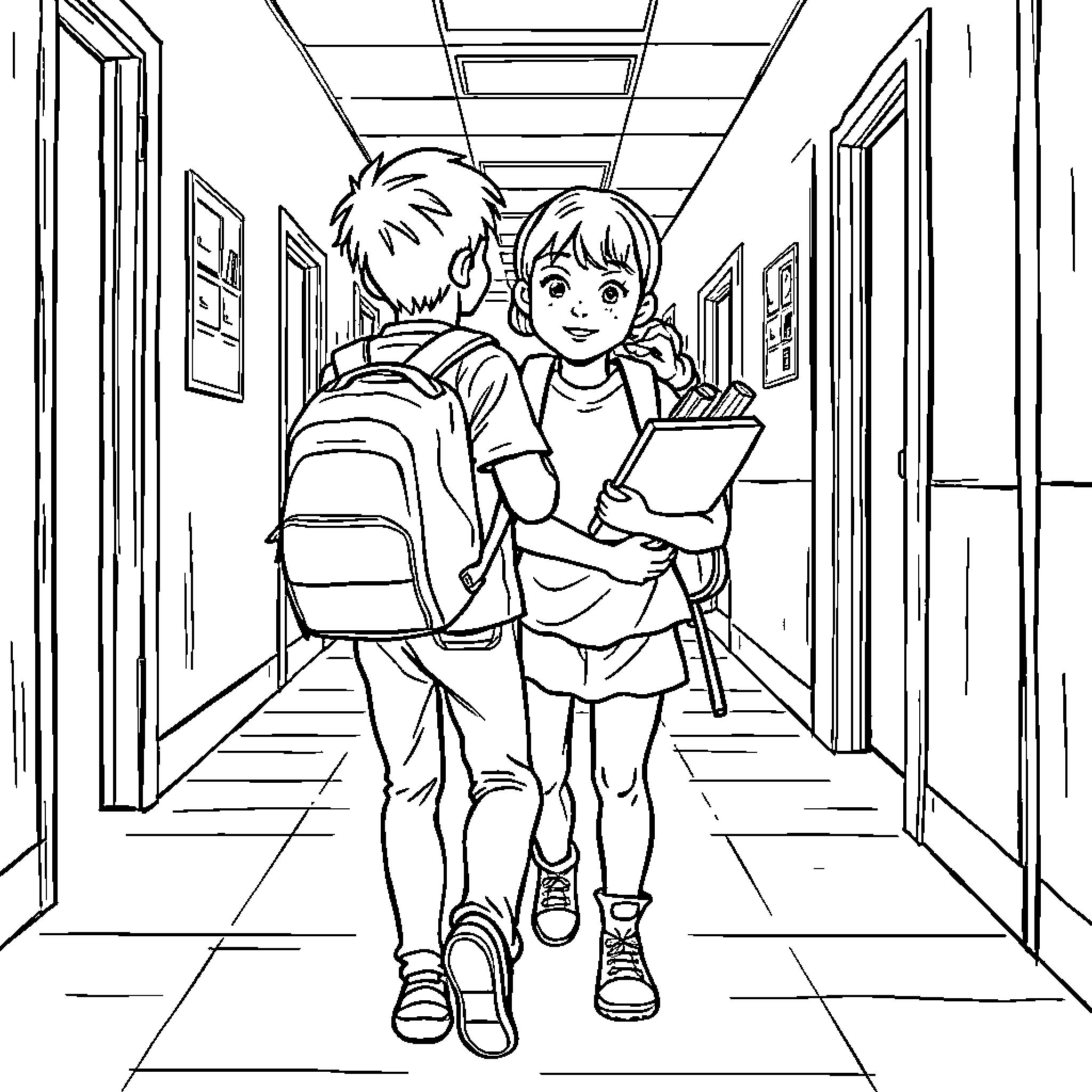 Students walking together in school hallway Coloring Page (free black-and-white line drawing printable PDF for all, from beginners to advanced learners, including children, teens, adults, and seniors)