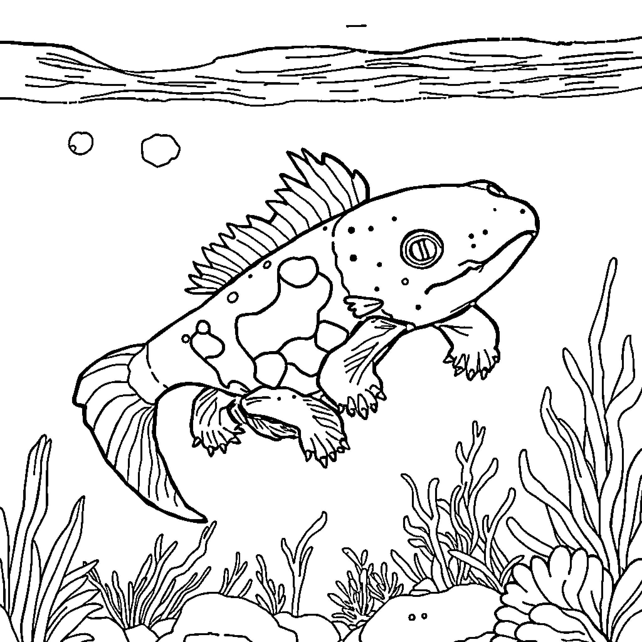 Axolotl exploring underwater seascape Coloring Page (free black-and-white line drawing printable PDF for all, from beginners to advanced learners, including children, teens, adults, and seniors)