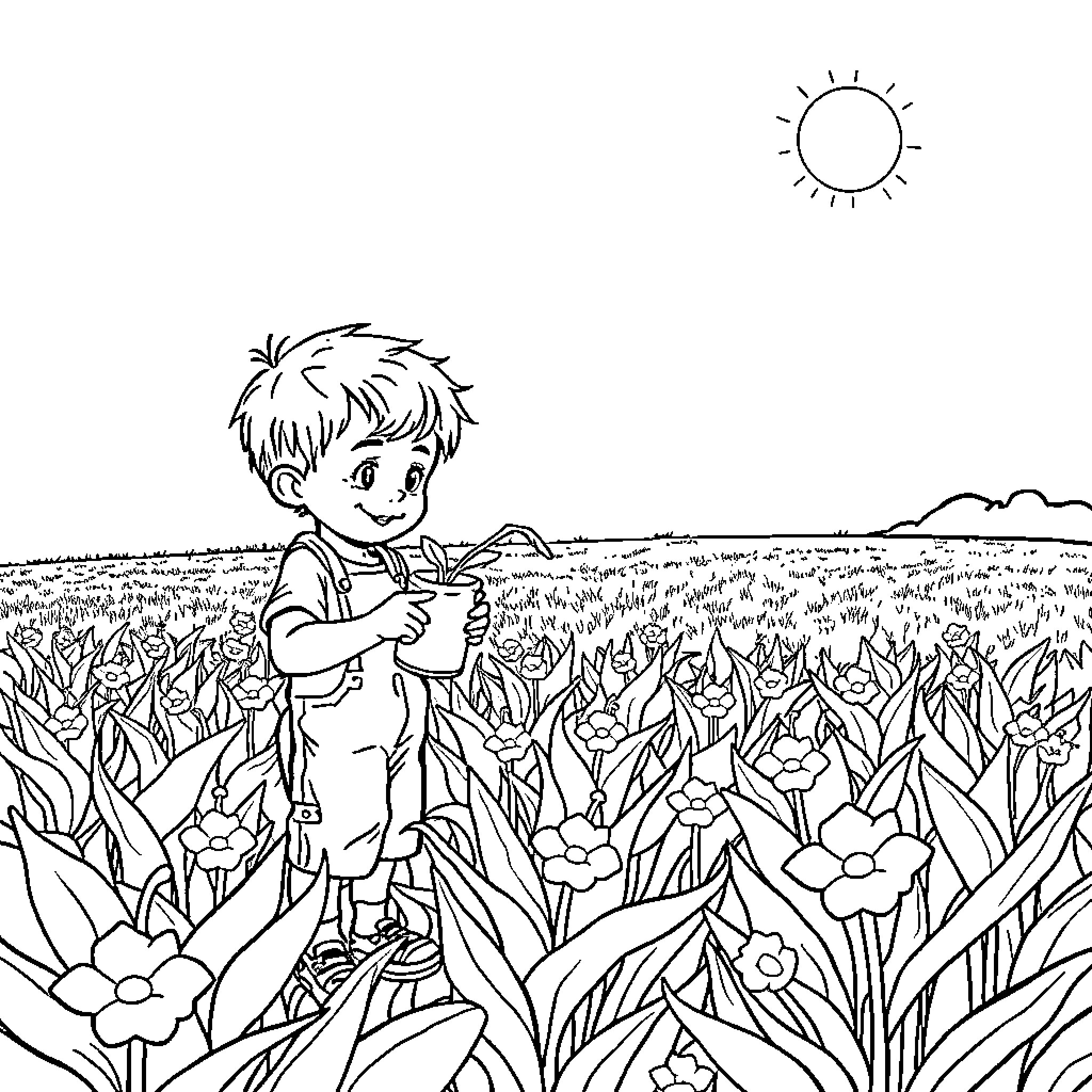 Niño exploring the vibrant flower field Coloring Page (free black-and-white line drawing printable PDF for all, from beginners to advanced learners, including children, teens, adults, and seniors)