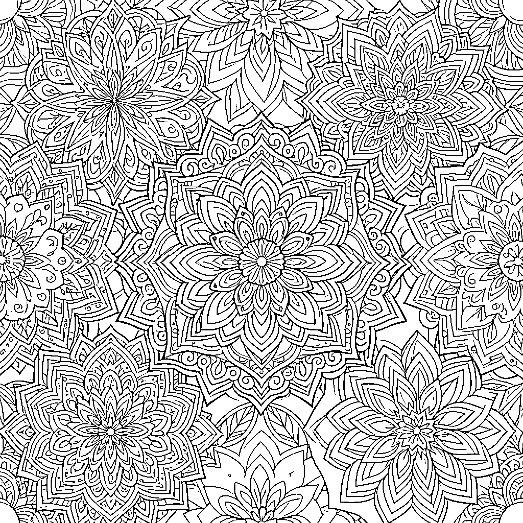 Mandala of Intricate Floral Patterns Coloring Page (free black-and-white line drawing printable PDF for all, from beginners to advanced learners, including children, teens, adults, and seniors)