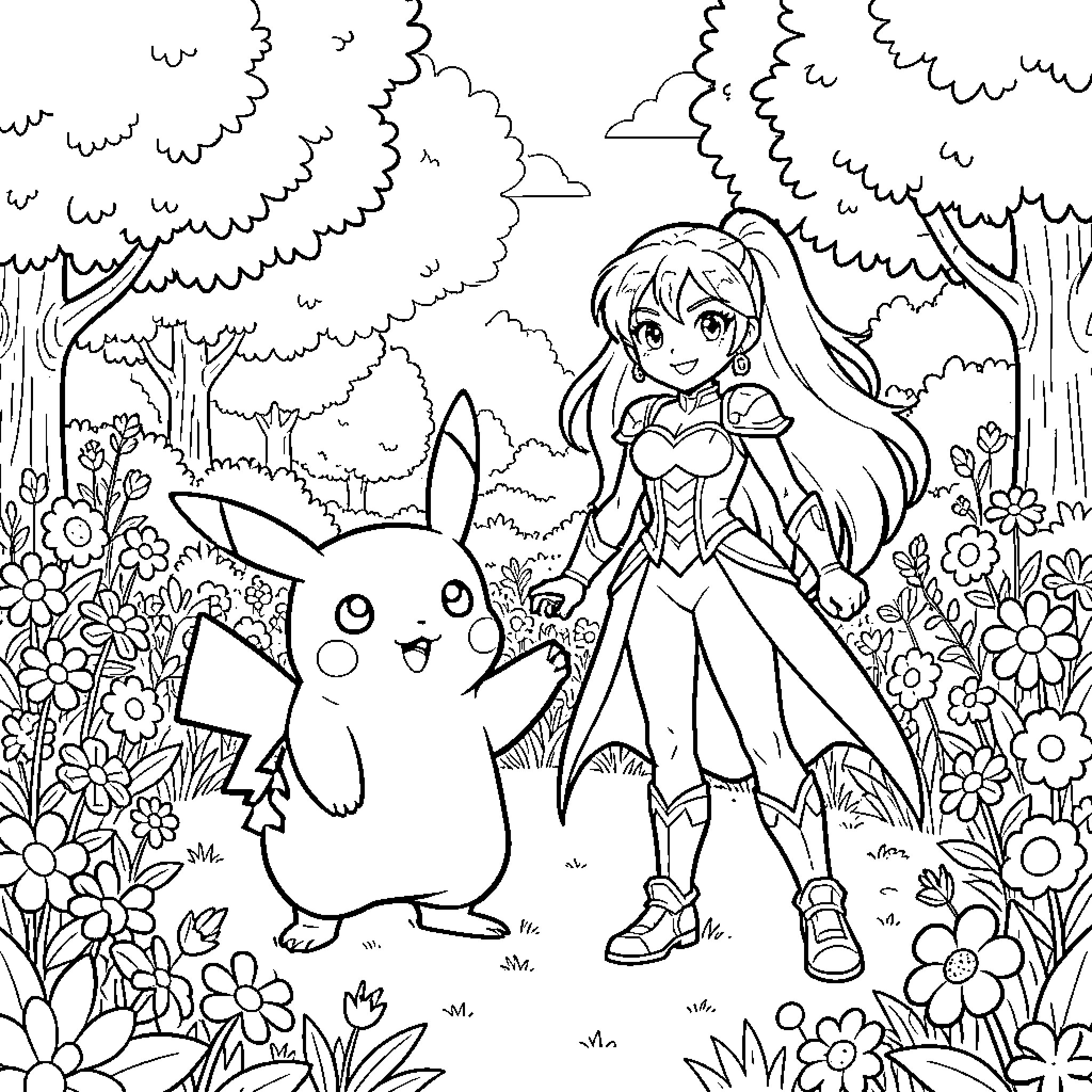 Pikachu and the Magical Girl in the Enchanted Forest Coloring Page (free black-and-white line drawing printable PDF for all, from beginners to advanced learners, including children, teens, adults, and seniors)