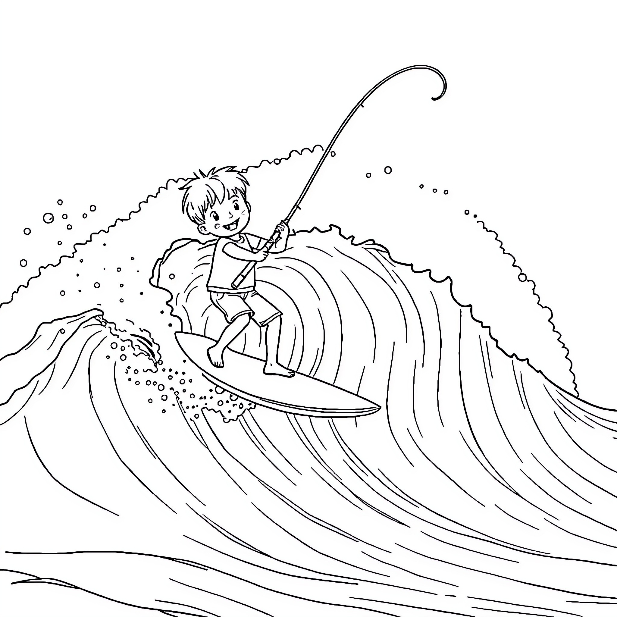 Kid surfs on huge waves Coloring Page (free black-and-white line drawing printable PDF for all, from beginners to advanced learners, including children, teens, adults, and seniors)