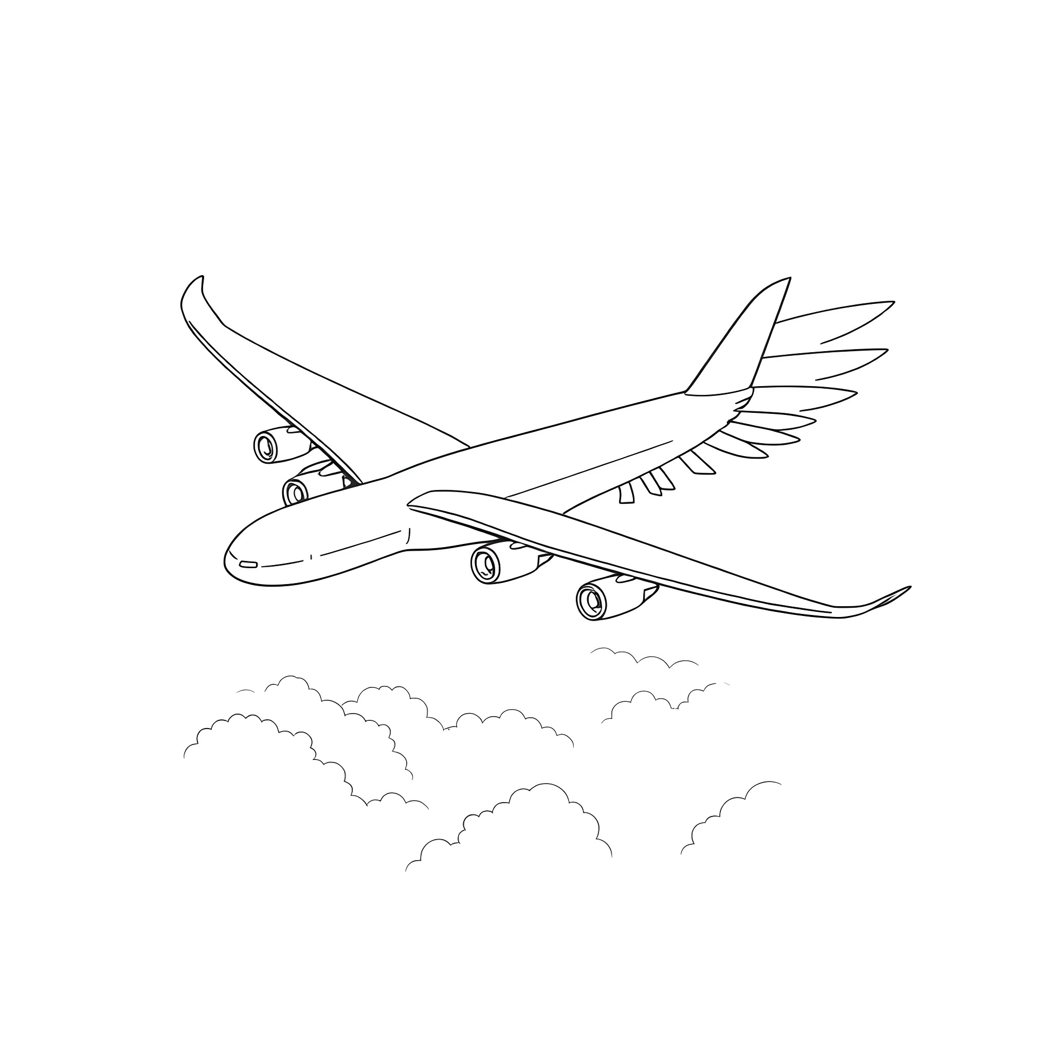 Airliner soaring through the clouds Coloring Page (free black-and-white line drawing printable PDF for all, from beginners to advanced learners, including children, teens, adults, and seniors)