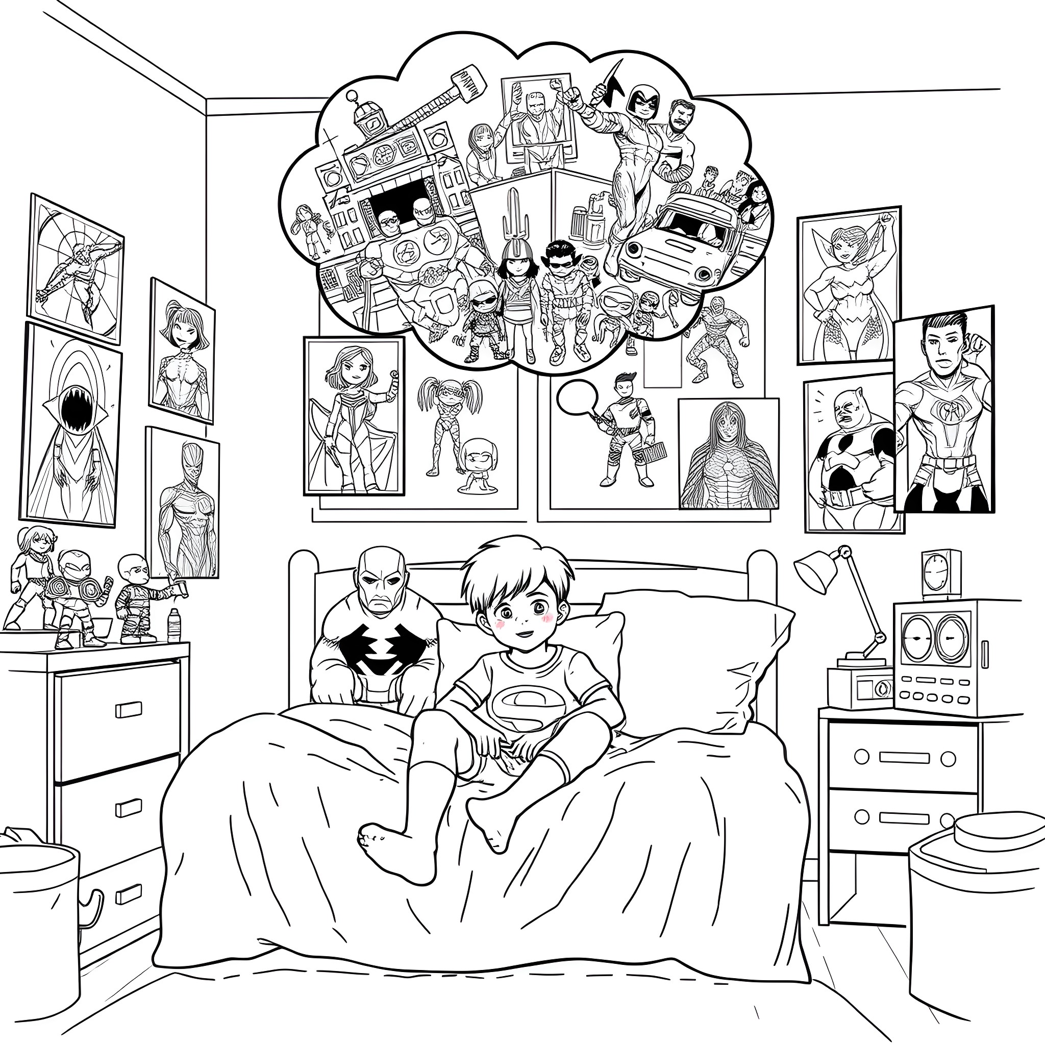 Boy's Imaginative Dream World Coloring Page (free black-and-white line drawing printable PDF for all, from beginners to advanced learners, including children, teens, adults, and seniors)