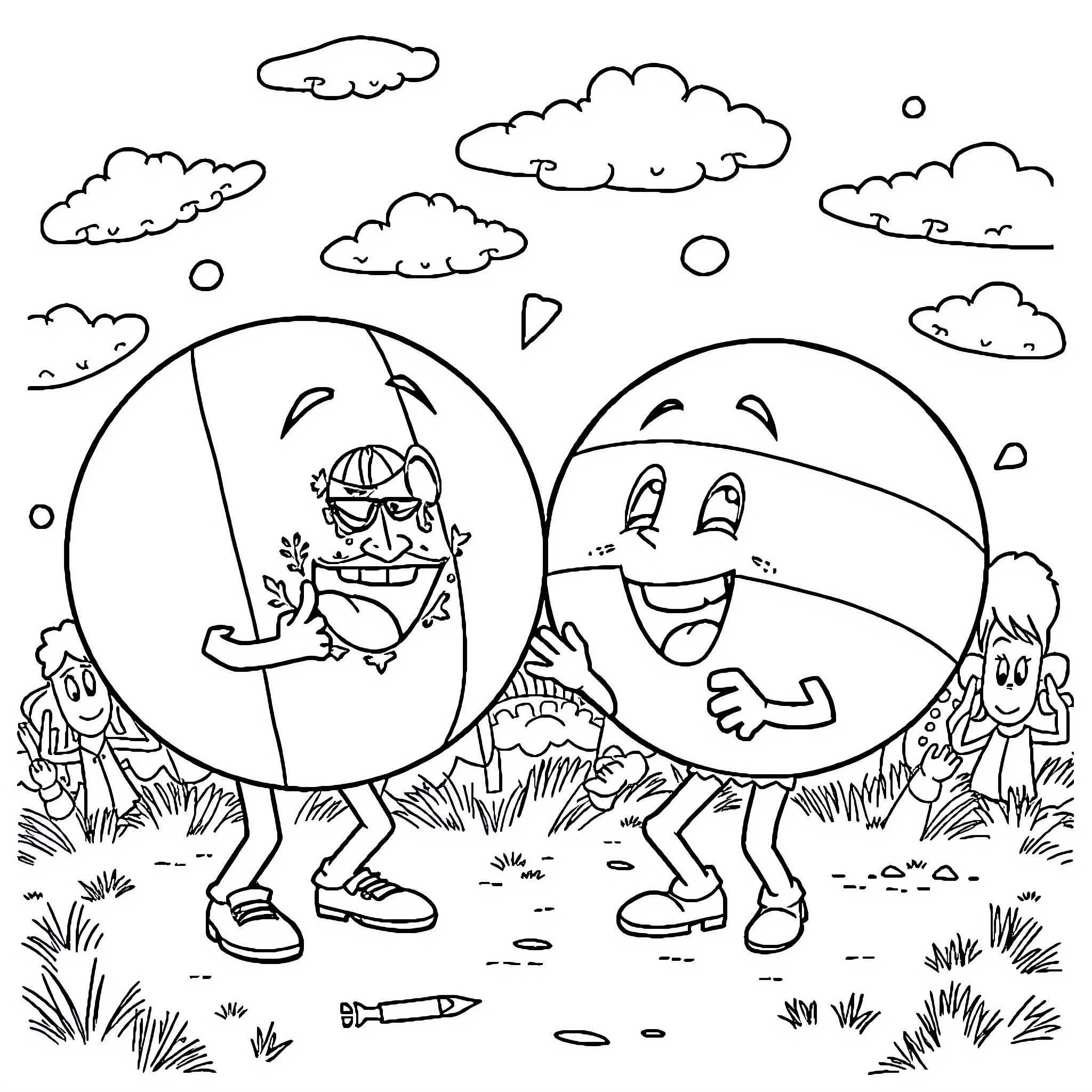 Countryball characters enjoying playful outdoor activities Coloring Page (free black-and-white line drawing printable PDF for all, from beginners to advanced learners, including children, teens, adults, and seniors)