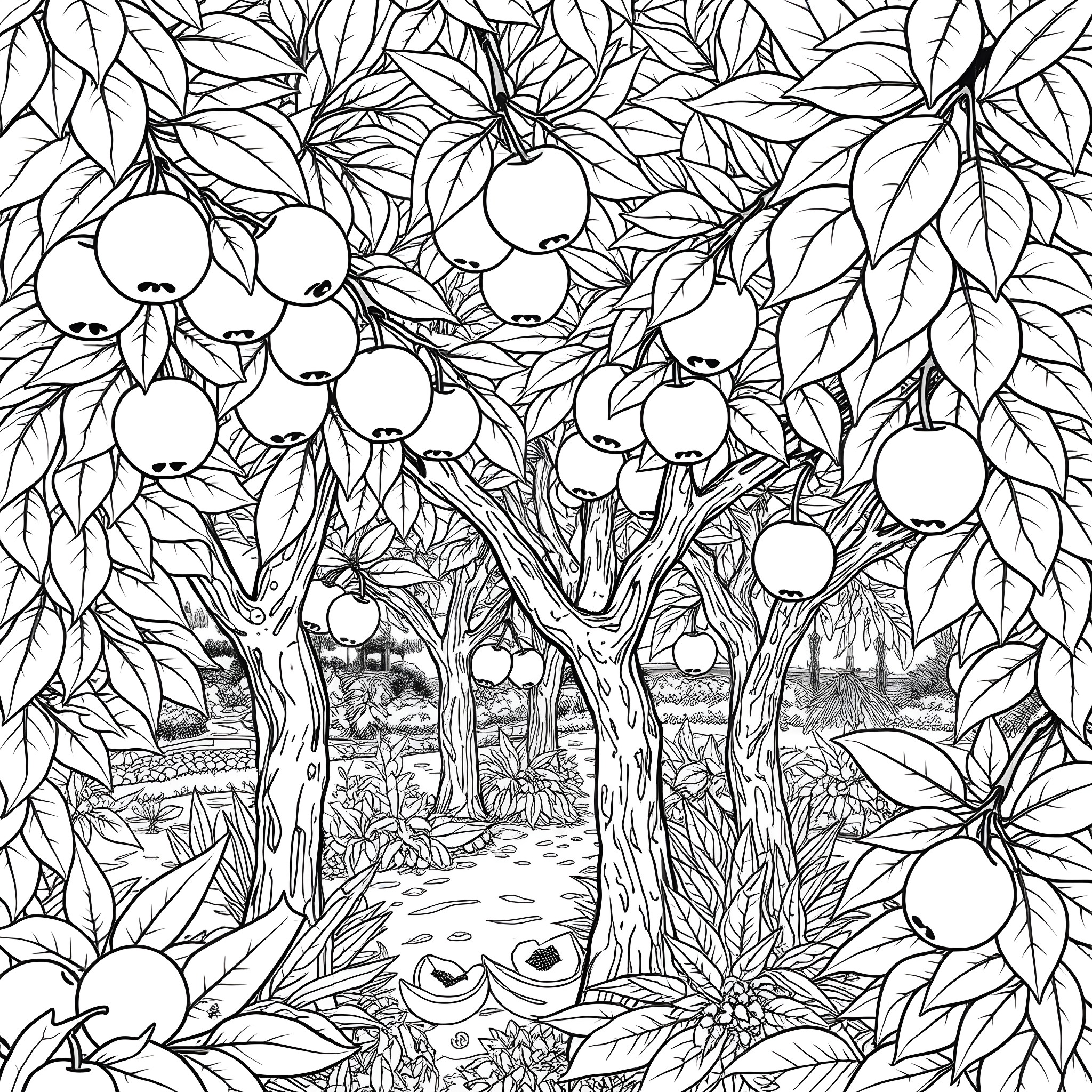 Fruit Orchard with Whimsical Scenery Coloring Page (free black-and-white line drawing printable PDF for all, from beginners to advanced learners, including children, teens, adults, and seniors)