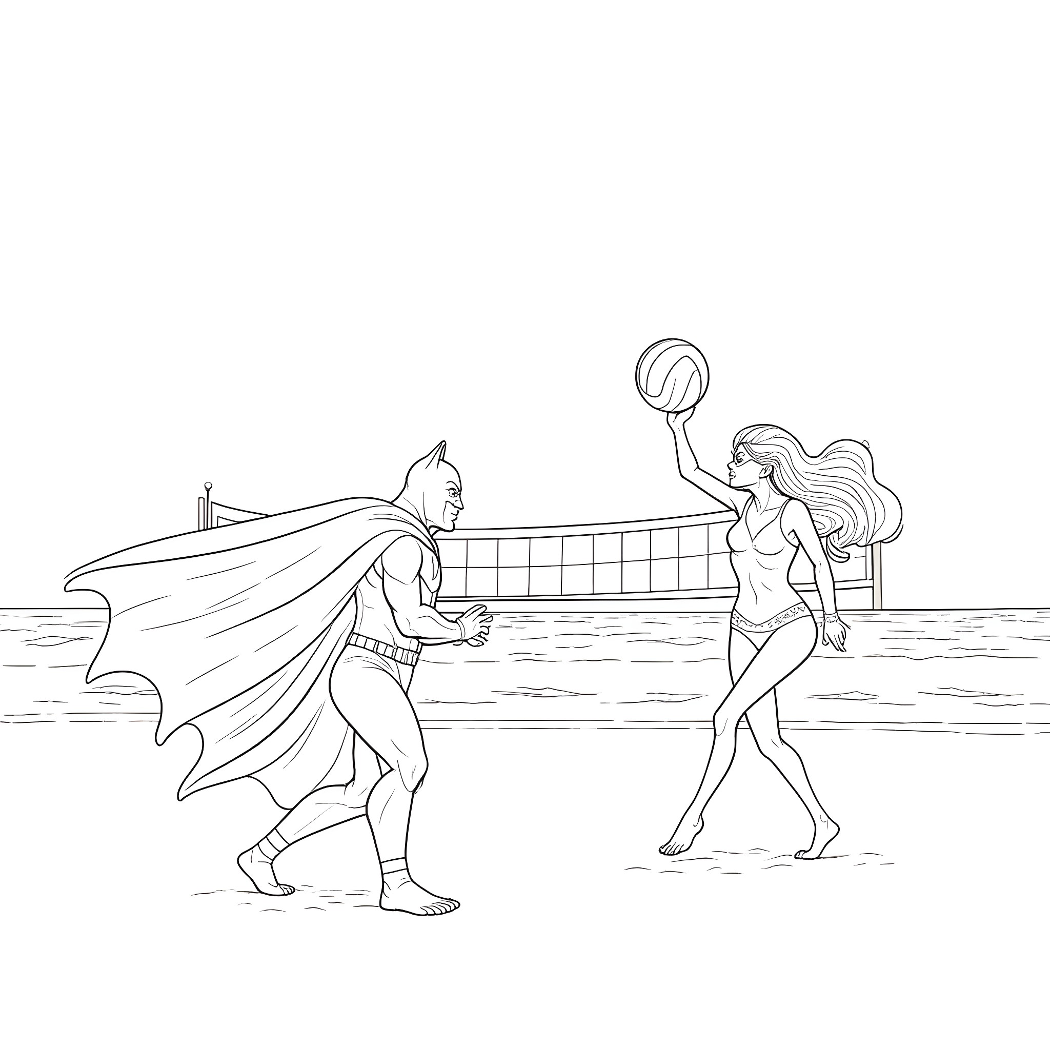 Batman playing beach volleyball with a woman Coloring Page (free black-and-white line drawing printable PDF for all, from beginners to advanced learners, including children, teens, adults, and seniors)
