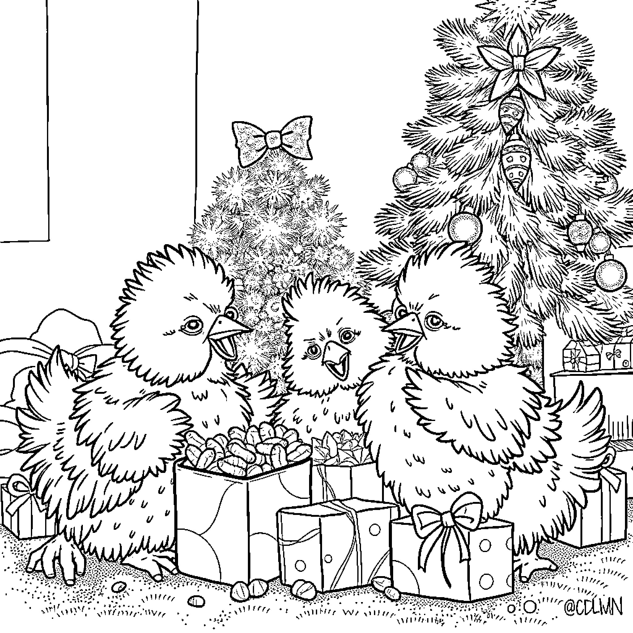 Chickens celebrating Christmas with a decorated tree Coloring Page (free black-and-white line drawing printable PDF for all, from beginners to advanced learners, including children, teens, adults, and seniors)