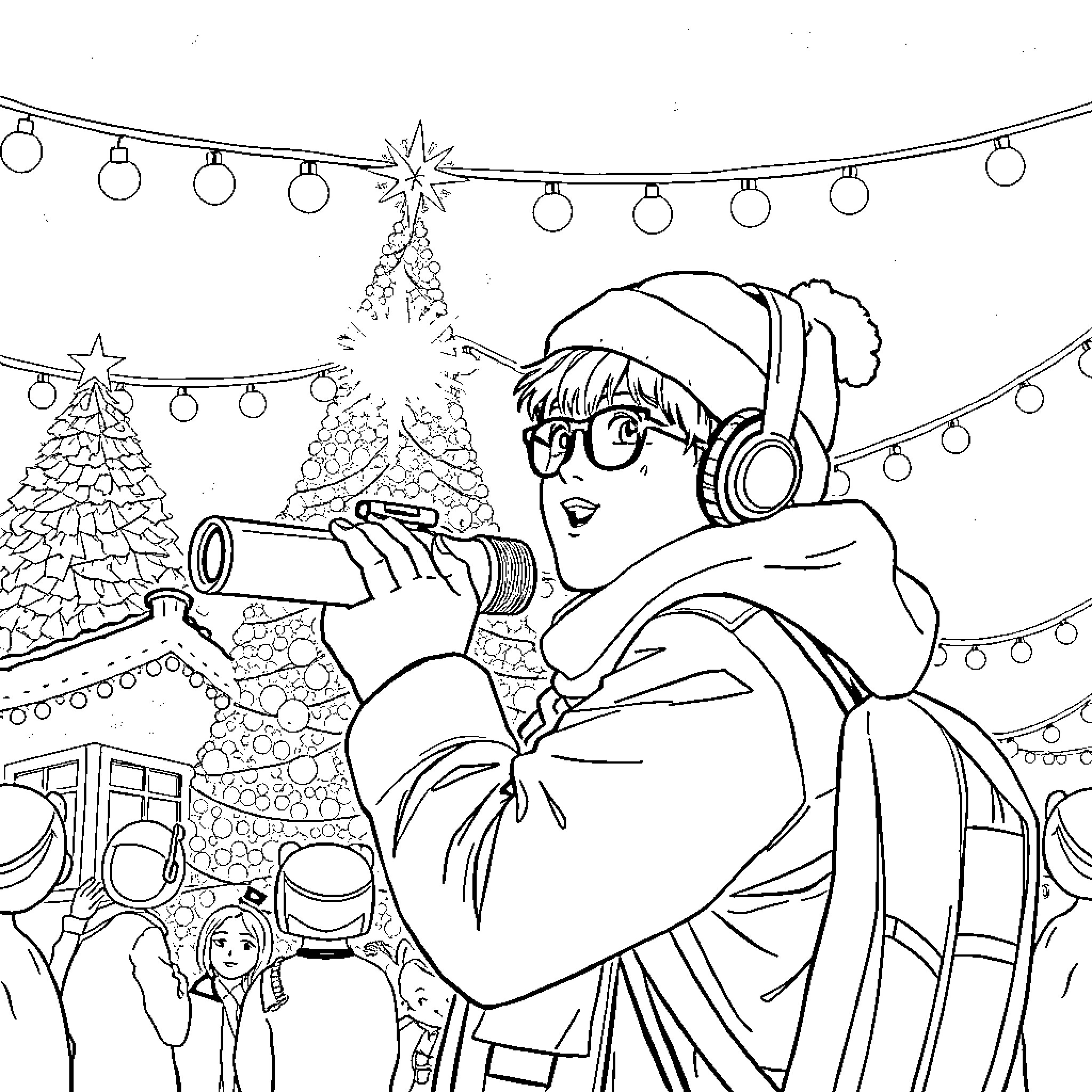 Kpop Fans Celebrating the Holiday Season Coloring Page (free black-and-white line drawing printable PDF for all, from beginners to advanced learners, including children, teens, adults, and seniors)