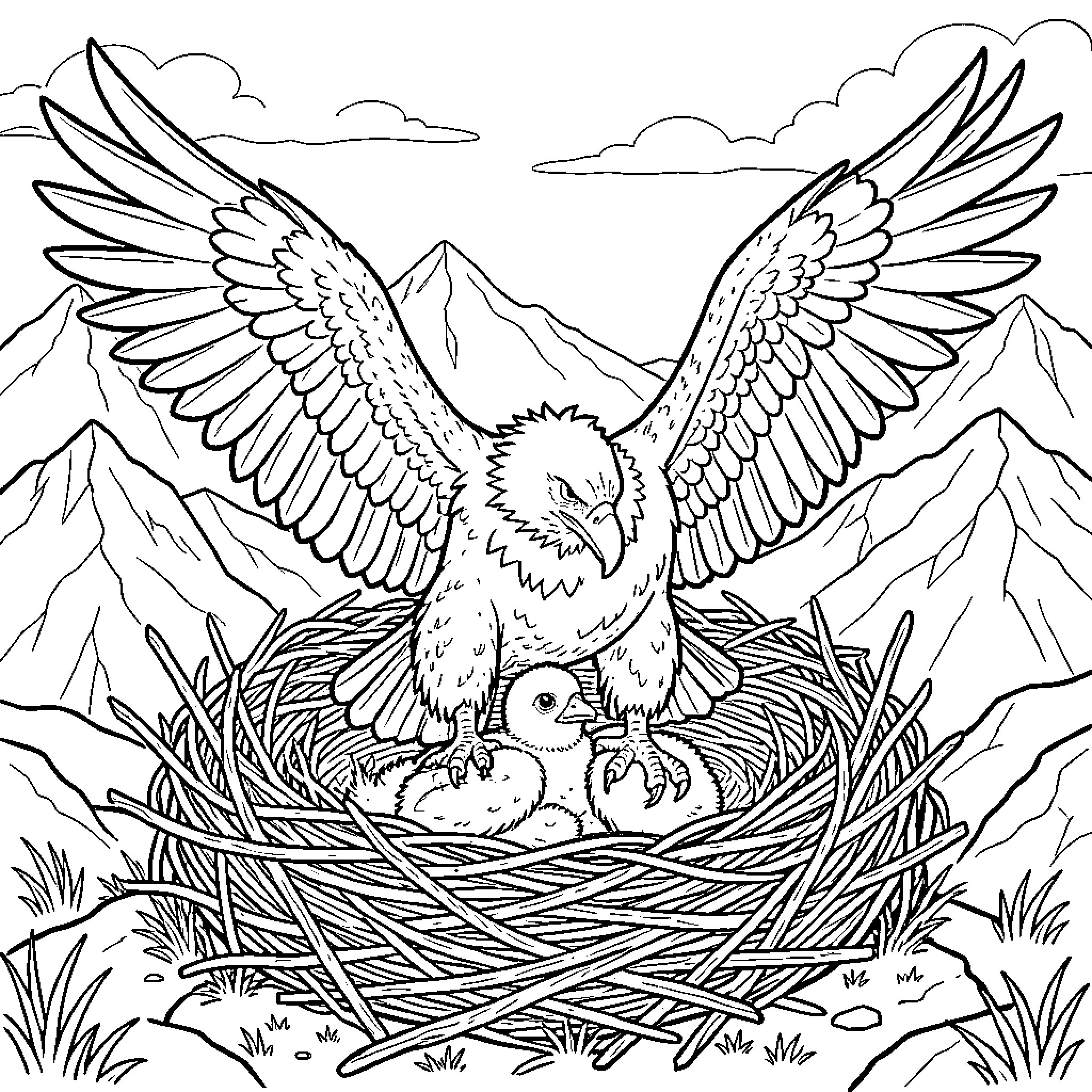 Condor protecting nest with baby birds Coloring Page (free black-and-white line drawing printable PDF for all, from beginners to advanced learners, including children, teens, adults, and seniors)
