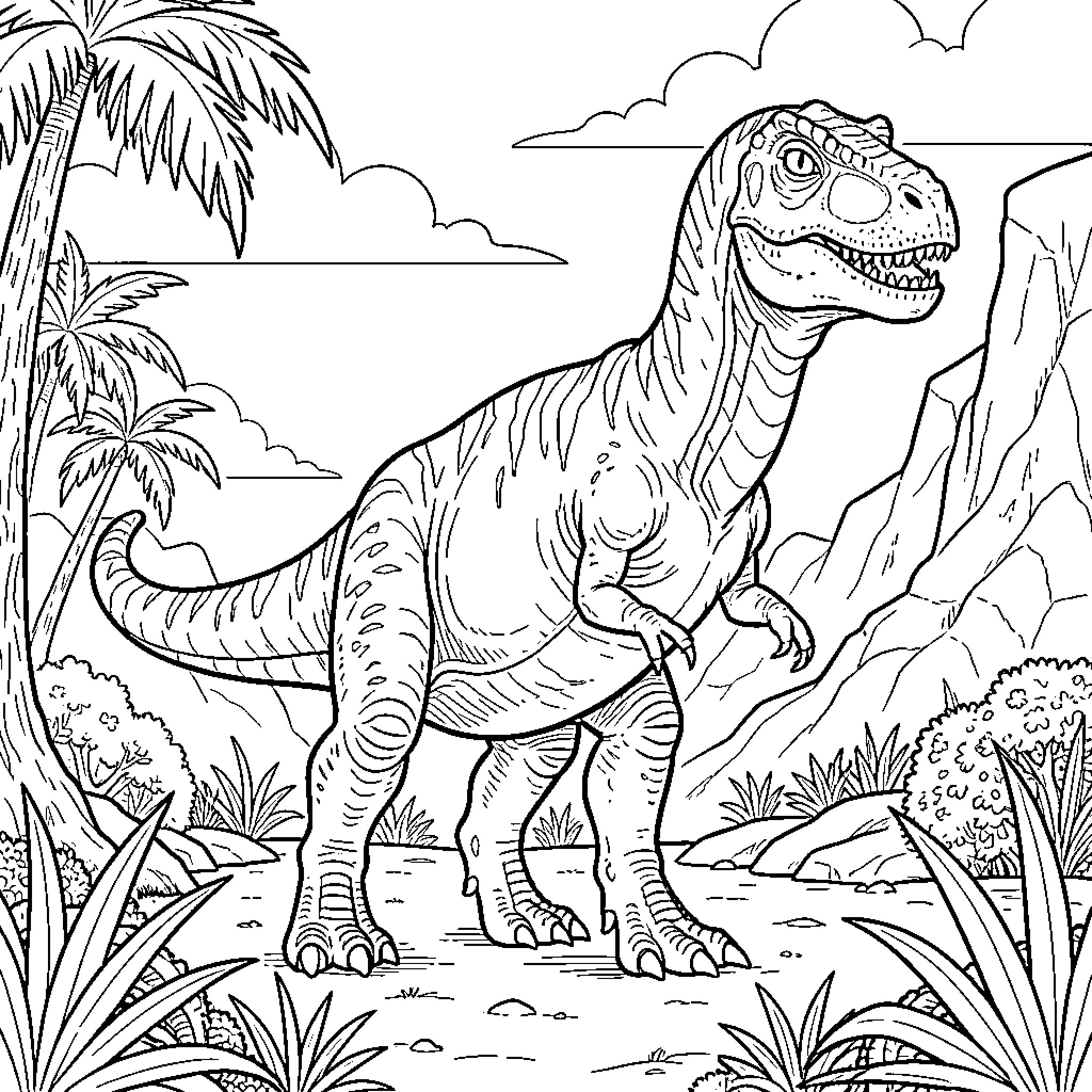 Dinosaur walking through a lush prehistoric jungle Coloring Page (free black-and-white line drawing printable PDF for all, from beginners to advanced learners, including children, teens, adults, and seniors)