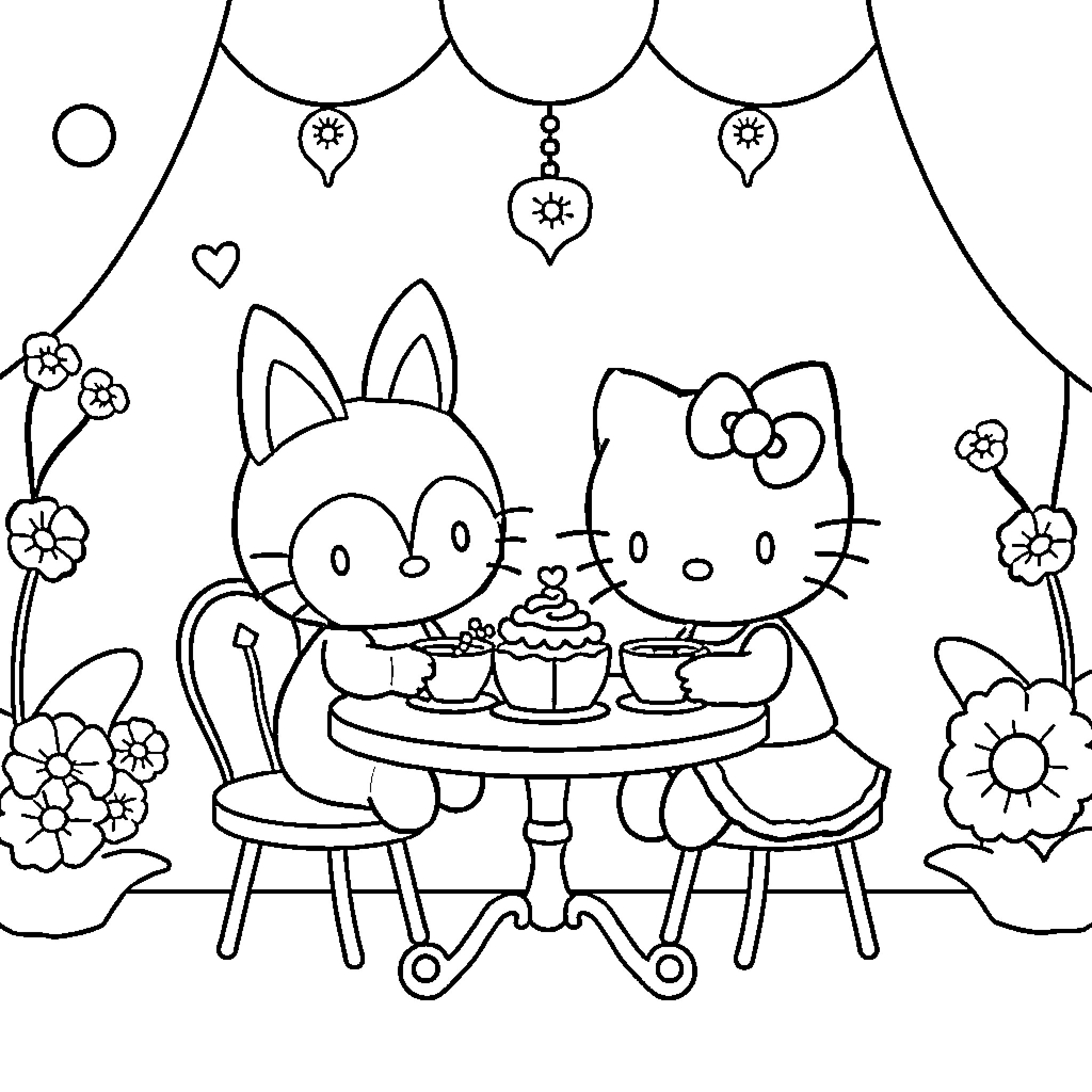 Hello Kitty and Friends Enjoying Tea Party Coloring Page (free black-and-white line drawing printable PDF for all, from beginners to advanced learners, including children, teens, adults, and seniors)
