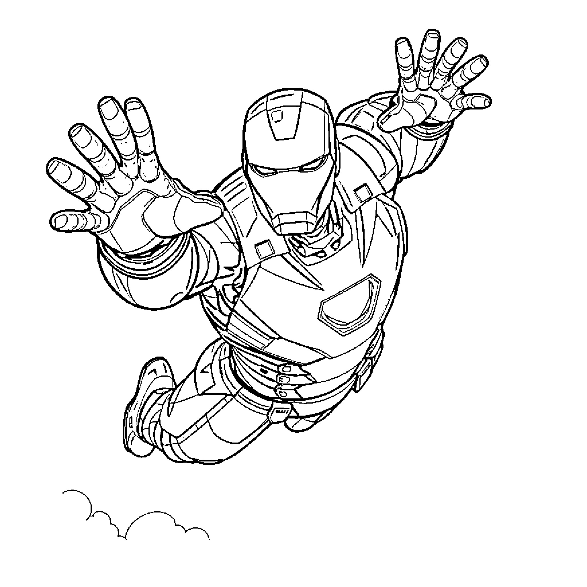 Iron Man in action pose with energy blasts Coloring Page (free black-and-white line drawing printable PDF for all, from beginners to advanced learners, including children, teens, adults, and seniors)