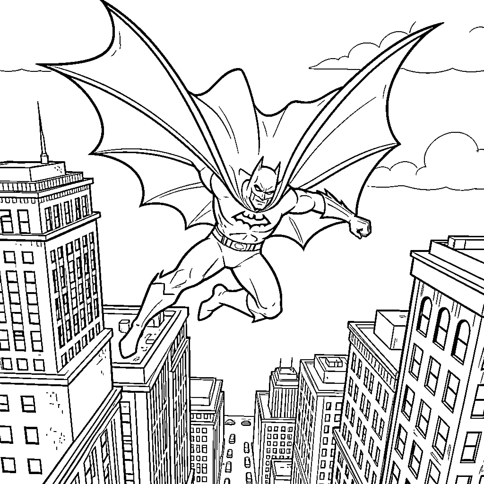 Badman leaping through the air over city buildings Coloring Page (free black-and-white line drawing printable PDF for all, from beginners to advanced learners, including children, teens, adults, and seniors)