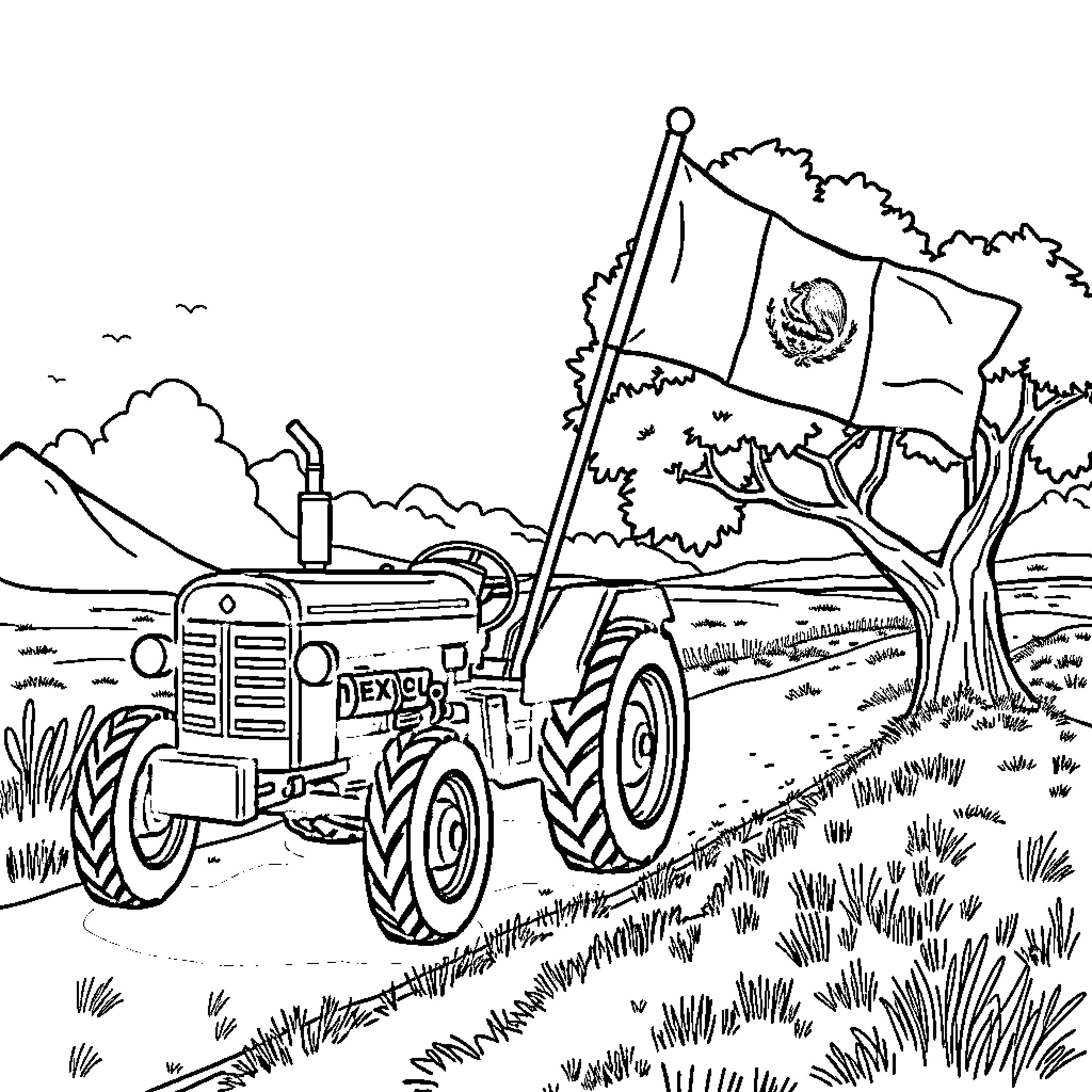 Tractor hauling flag in rural landscape Coloring Page (free black-and-white line drawing printable PDF for all, from beginners to advanced learners, including children, teens, adults, and seniors)