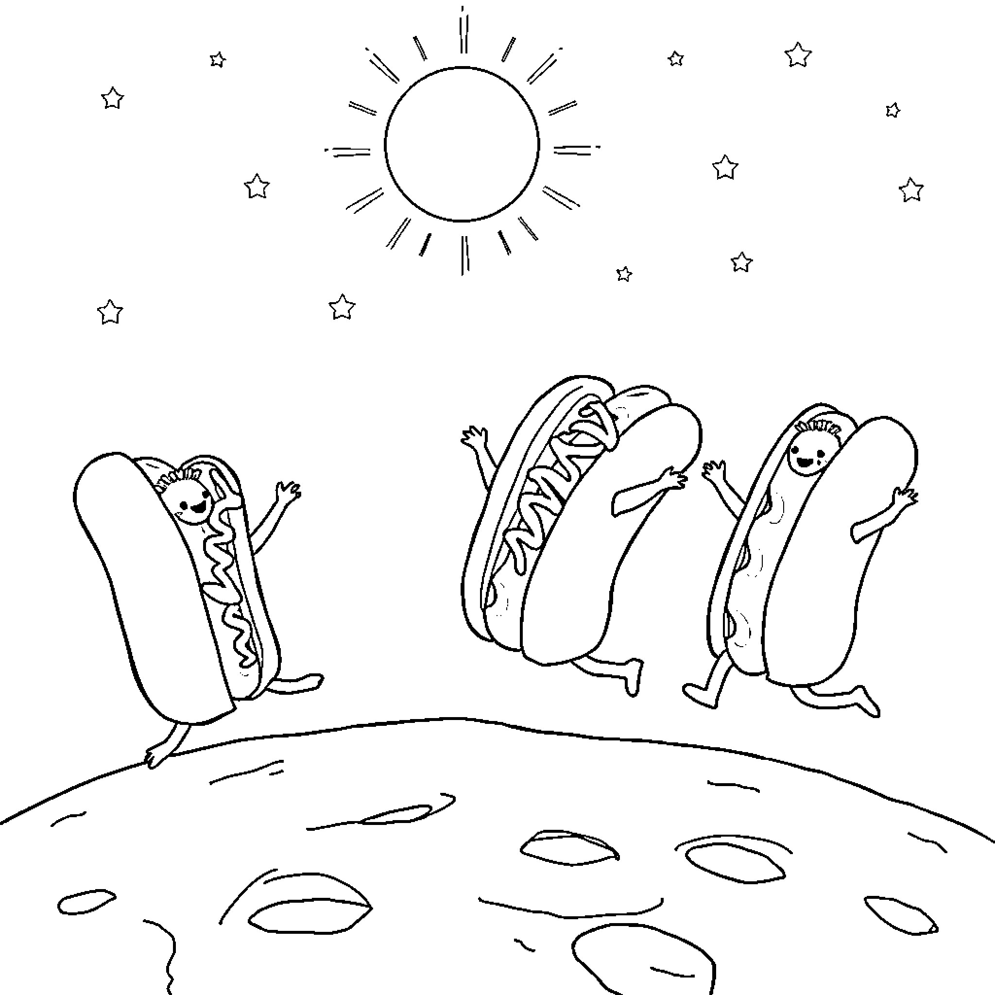 Hotdog party under the sun Coloring Page (free black-and-white line drawing printable PDF for all, from beginners to advanced learners, including children, teens, adults, and seniors)