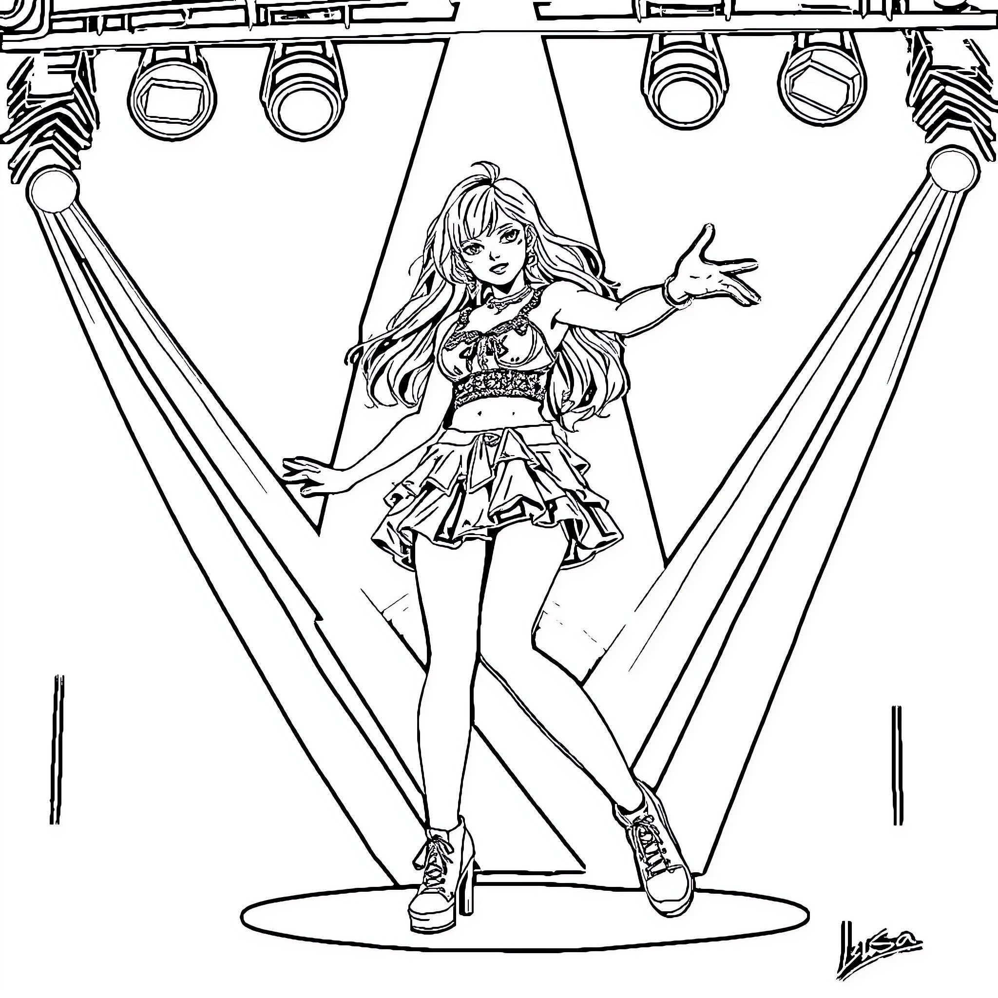 Lisa performing on stage in flashy outfit Coloring Page (free black-and-white line drawing printable PDF for all, from beginners to advanced learners, including children, teens, adults, and seniors)