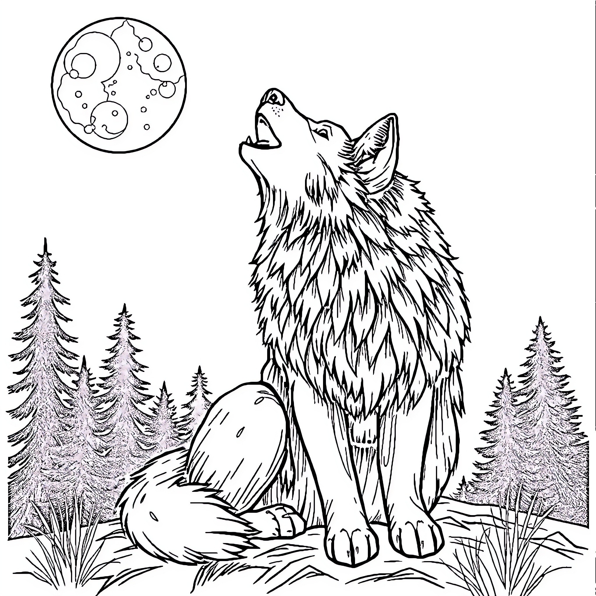 Labubu's Howling Melody under the Moonlit Forest Coloring Page (free black-and-white line drawing printable PDF for all, from beginners to advanced learners, including children, teens, adults, and seniors)