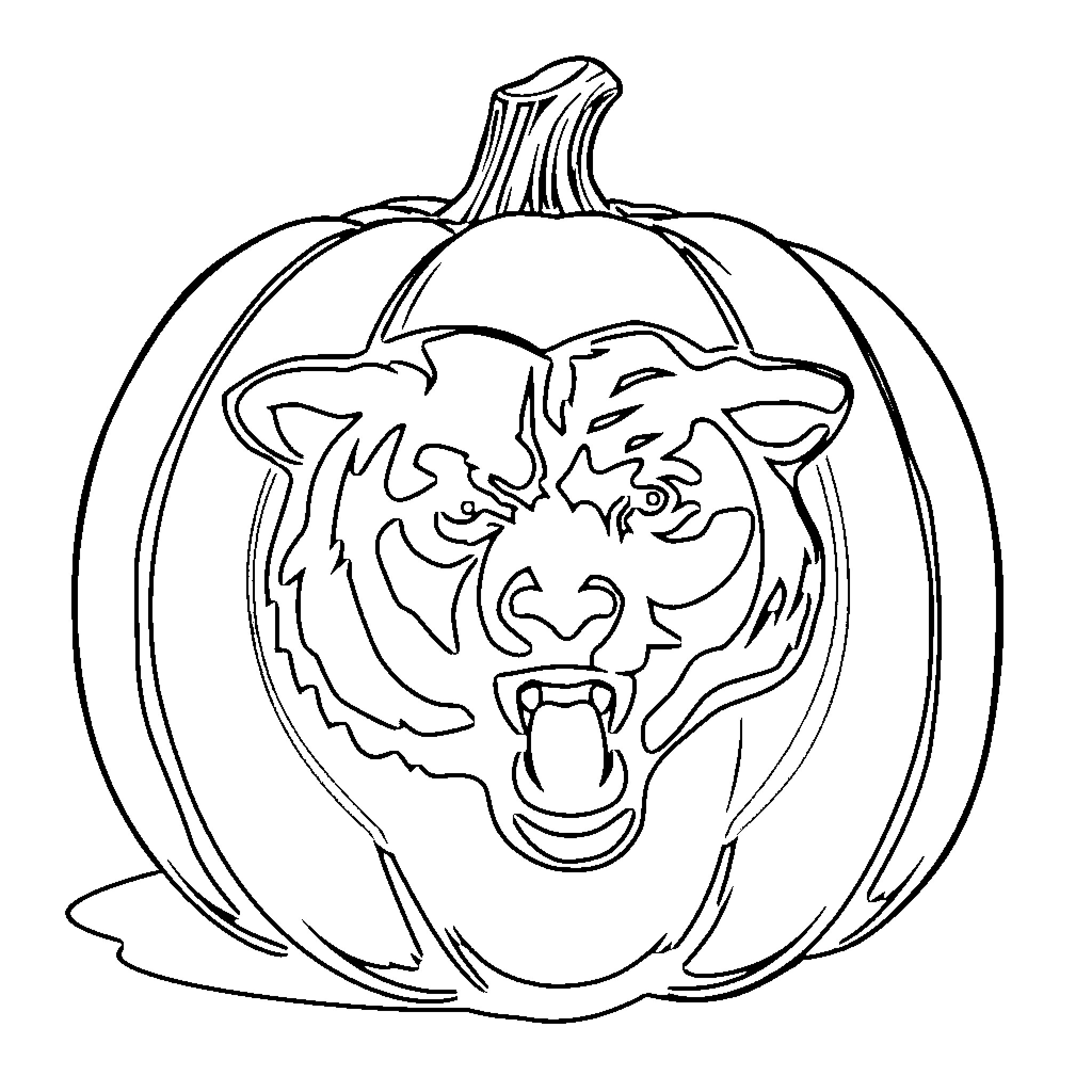 Pumpkin with Fierce Tiger Face Coloring Page (free black-and-white line drawing printable PDF for all, from beginners to advanced learners, including children, teens, adults, and seniors)