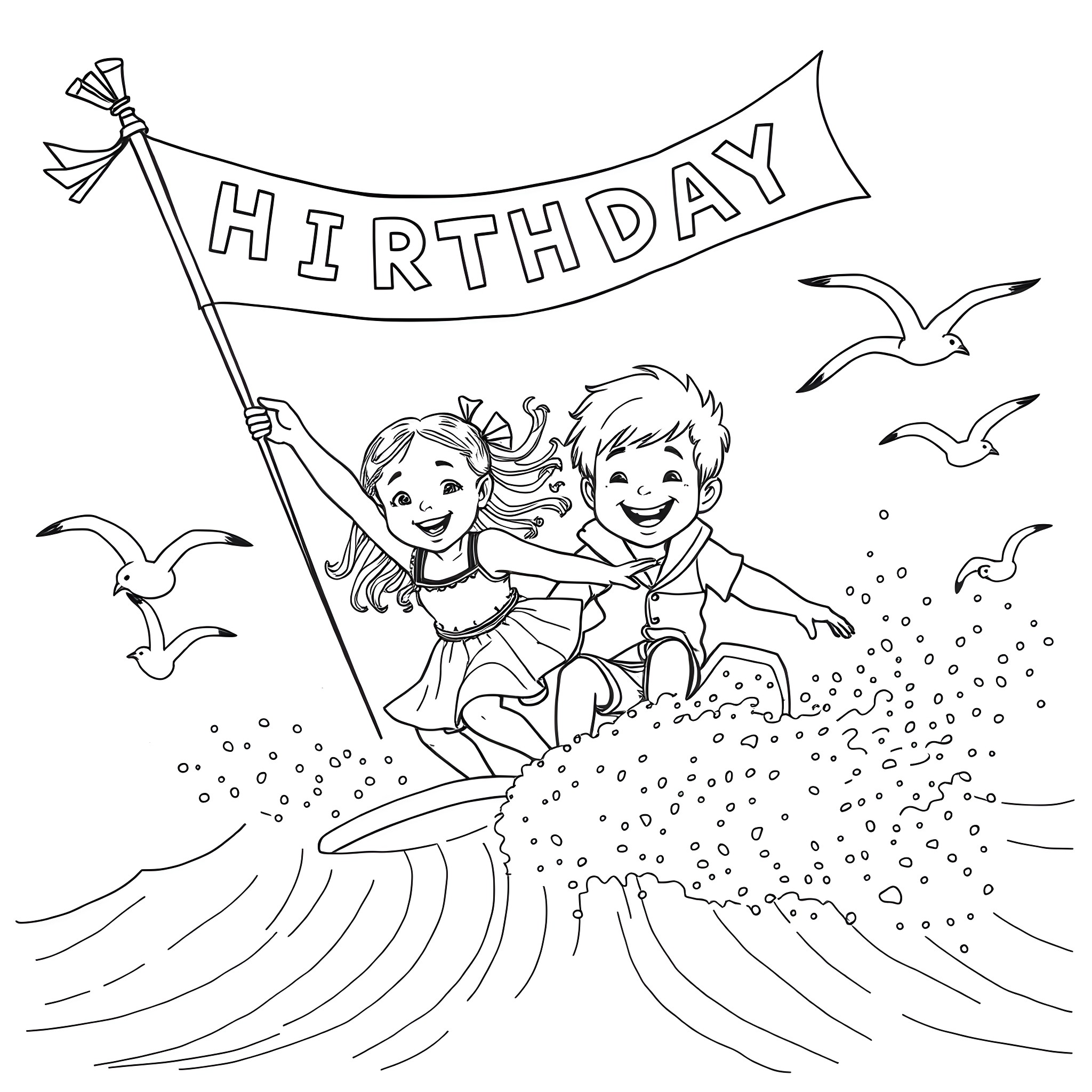 Surfing kids celebrate birthday at the beach Coloring Page (free black-and-white line drawing printable PDF for all, from beginners to advanced learners, including children, teens, adults, and seniors)