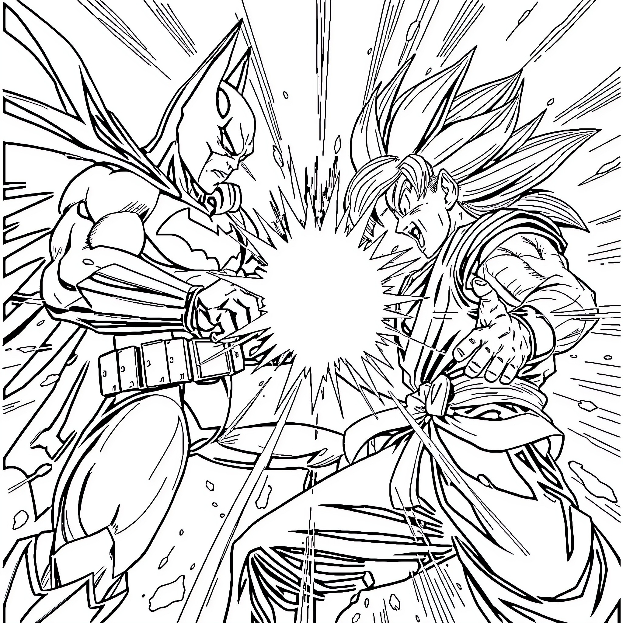 Batman in fierce combat with powerful foe Coloring Page (free black-and-white line drawing printable PDF for all, from beginners to advanced learners, including children, teens, adults, and seniors)
